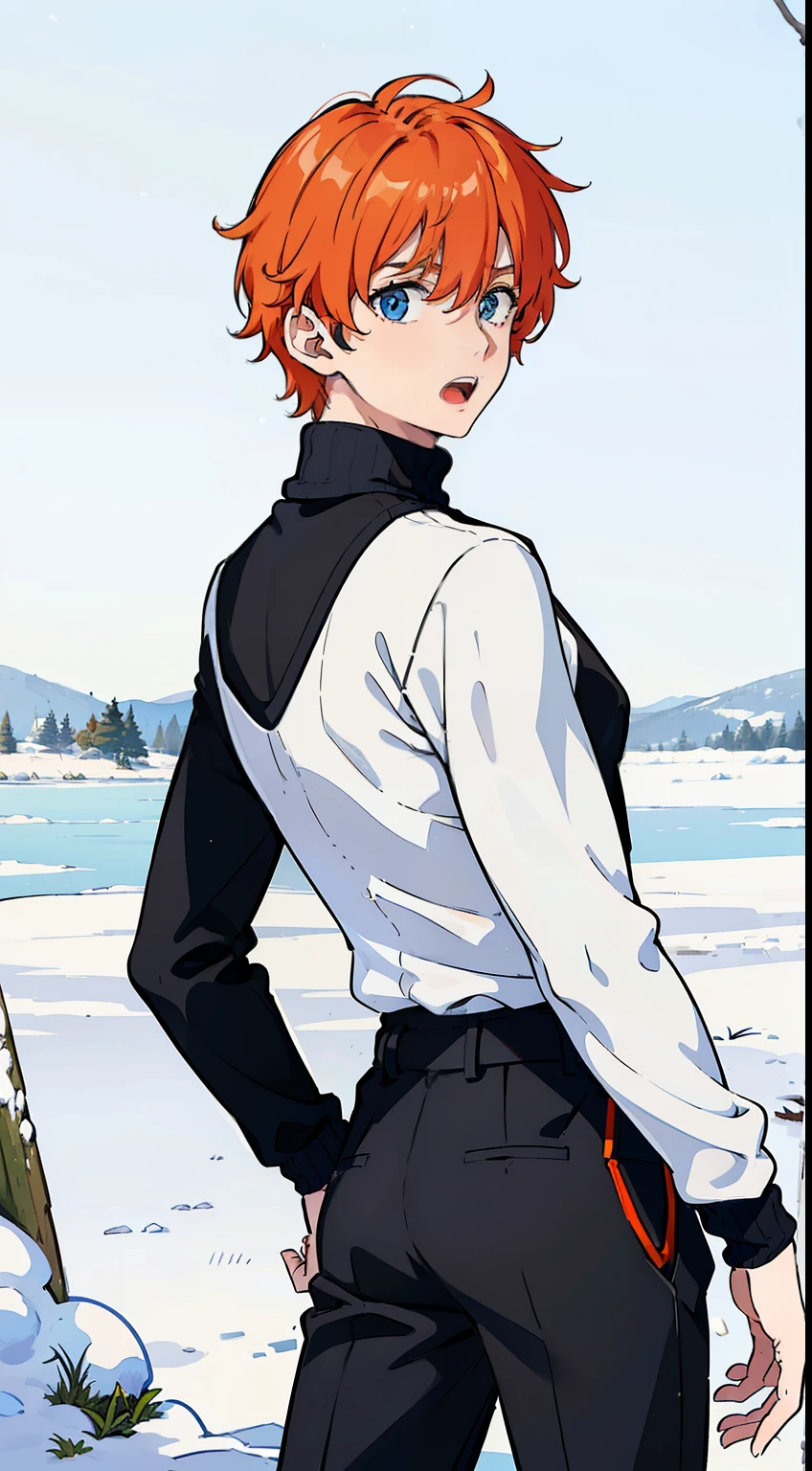 (1boy,teen,18 years old), orange hair, blue eyes,(black pants),(((white sweater,turtleneck))),(standing in snow,in a forest),((serious,open mouth)),looking back,from back,hands on waist