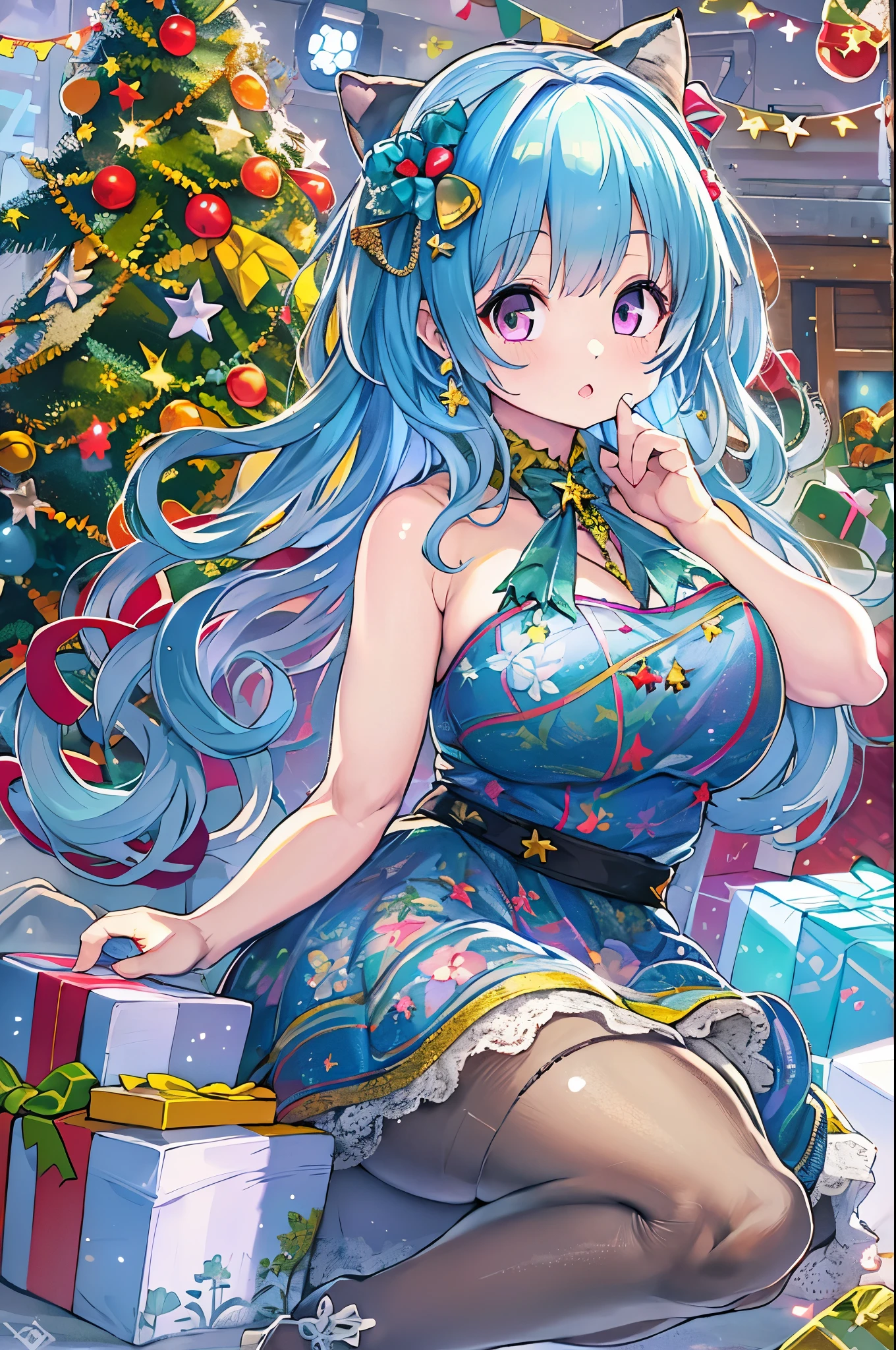 1girl in, Bangs, Blue hair, Bow, Box, 手链, Christmas, Christmas tree, Cowboy Shot, Dress, earrings, fish net, flower, gift, gift box, Hair Ornament, Hamel, Jewelry, Looking at Viewer, multicolored hair, Necklace, pantyhose, Parted lips, Purple eyes,bbw、huge-breasted