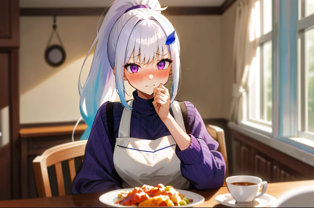 One girl with high ponytail hair, bangs, white hair, blue inner hair:1.25) , purple eyes, looking at viewer, blushing, embarrassed, indoor, dining room, kitchen, table, sitting, sweaters, apron, mid-chest, day atmosphere, hair ornament, medium breasts, upper body, focus, blurry background, food