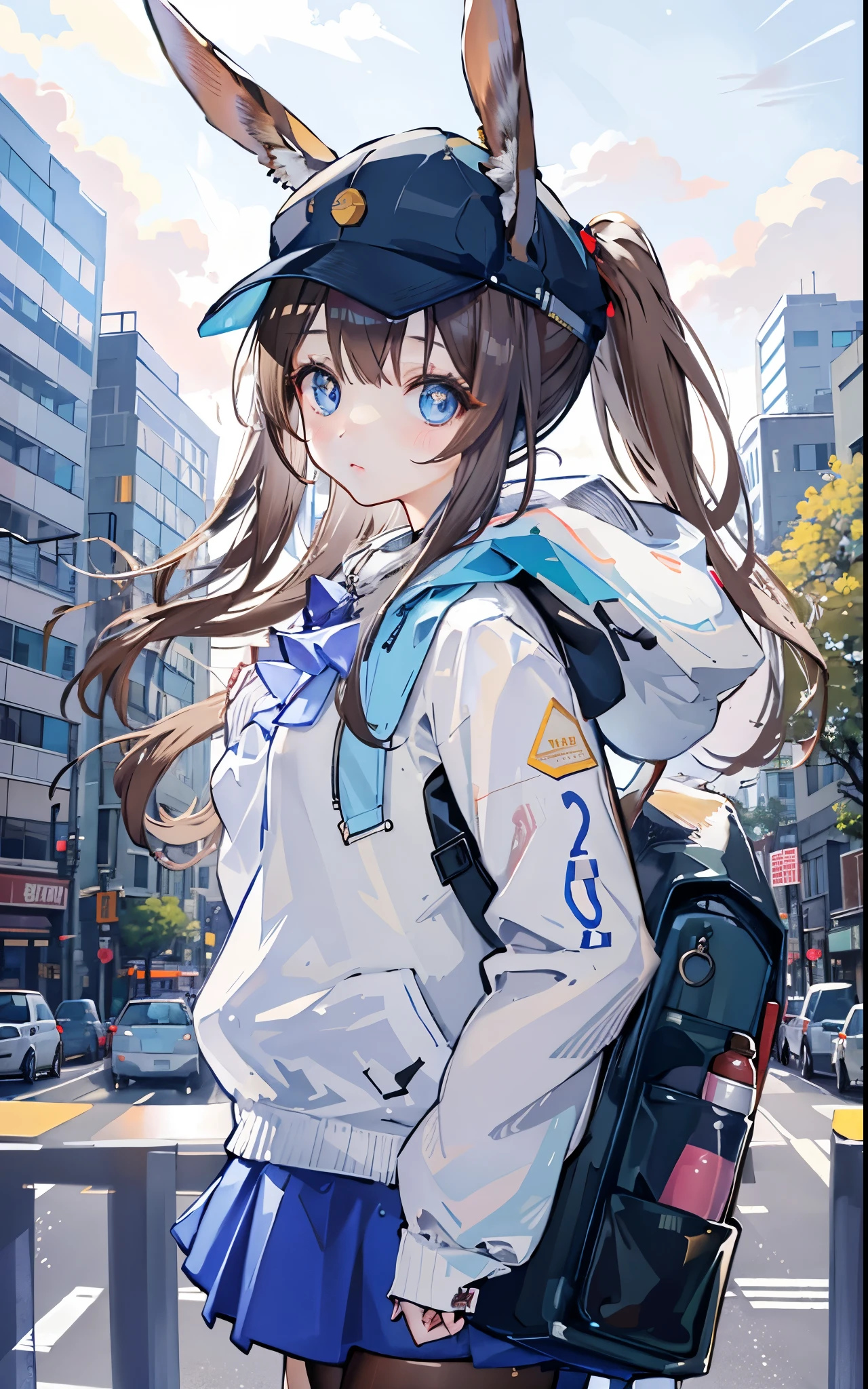 1girl, animal ears, rabbit ears, straight-on, upper body, looking at viewer, brown hair, ponytail,  expressionless, badge, bangs, blue baseball cap, detailed eyes, clothes writing, white clothes, hood, hood down, standing, long sleeves, closed mouth, (blue skirt:1.05), solo, (light blush:0.9), bare tree, building, city, cityscape, day, outdoors,  street, tokyo \(city\), tree