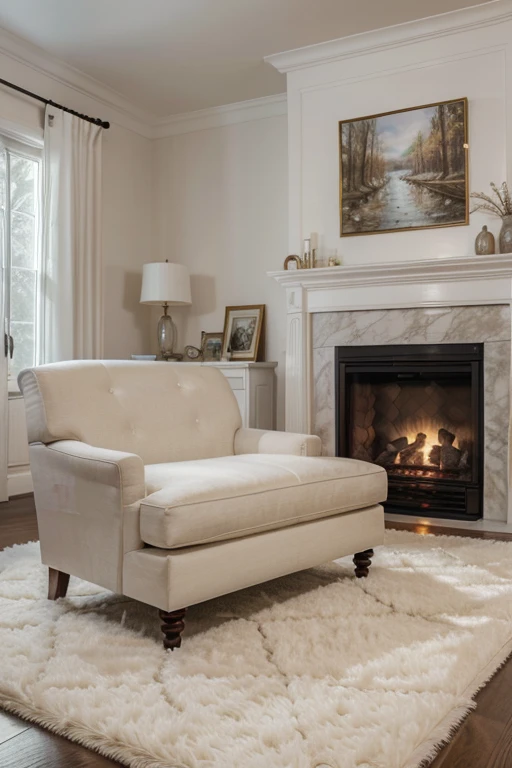 Ultra-realistic style. 8K. Raw. white fur rug , fireplace on the floor. Dim lighting romantic