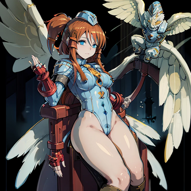 ultra-detailed, Explicit, Beautiful body, Beautiful Nose, Beautiful character design, perfect eyes, perfect face, ultra highres, 4K, beautiful legs, perfect legs, Nice hands, Perfect hand, Masterpiece, Best Quality, Highly detailed, illustration, absurdres, street fighter, doll suit, shadaloo doll, dollsuit, 1girl, solo, expressionless, blank eyes, looking at viewer, red gloves, emotionless, black latex, corrution, mind control, female combatant, full body, hypnotized, unhappy trance, full body suit, ribbed bodysuit, both arms at side, obey, perfect female body, extremely glossy latex, hypnosis, hypnoLora, empty eyes, Mind control device, poses, submissive_pose, Slave, hat, necktie, sitting up straight, sitting, sitting at attention, hat, necktie, belt, latex, ribbed bodysuit, thighhighs, garter belt, Fighting Stance, extending the right arm from the shoulder into the air with a straightened hand, nazi saluting, military, military saluting, salute, thigh boots, Perfect anatomy, perfect hand, perfect finger, Yu-Gi-Oh!, minerva the exalted lightsworn, brown hair, blue eyes, long hair, wing, staff