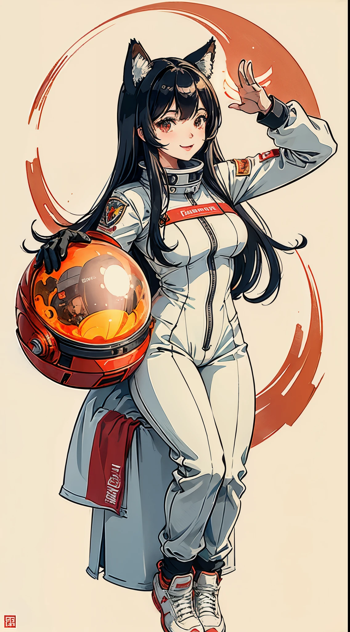 1girl,curvy_breasts,cute,beautiful detailed eyes,shiny hair,visible through hair,hairs between eyes, USSR poster, soviet poster,red monochrome,soviet poster, soviet,communism, PROPAGANDA POSTER, Black_hair, monster girl, wolf girl, wolf ears, smiling, red_eyes, furry, age, goodbreast,(Spacesuit:Orange_clothing_body:jumpsuit),white_gloves, white_space shoes, white_helmet, the USSR red letters on the top of helmet, weightlessness, Side light, reflection, The person in the spacesuit is at the bottom left of the frame, The right hand is outstretched, (the right hand gently touches the Salyut space station), Space station in the upper right corner of the screen, Reflected light from the sun, Silver metal,red flag, brilliance,USSR style, diffuse reflection, Metallic texture, The vista is a blue Earth,mecha style,the sea of star,high tone, magnificent, (paper texture)
