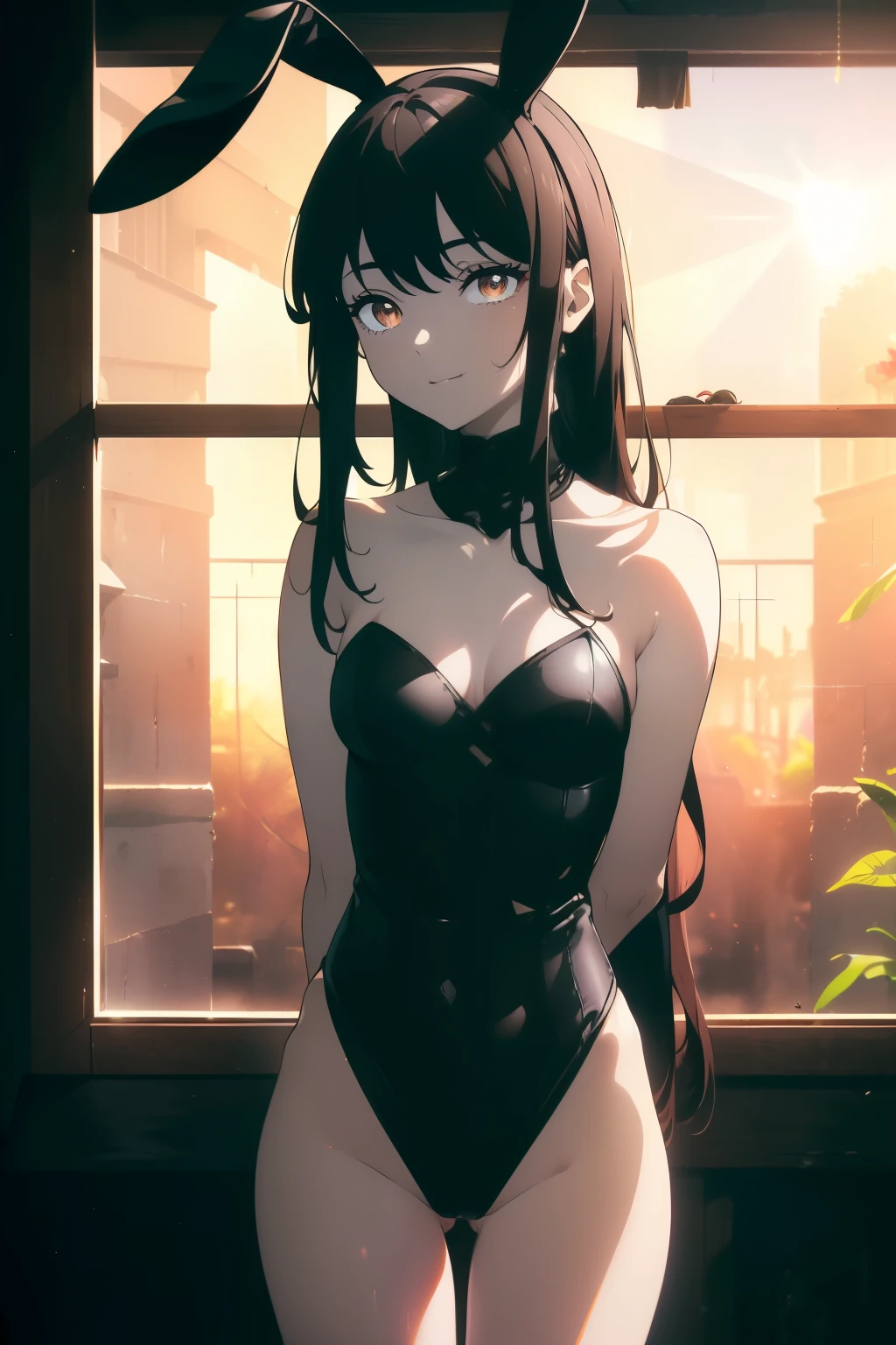 ((((Obra maestra, La mejor calidad, ultrahigh resolution)))), 1girl, standing, leotard, bunny girl, ((very small black floppy bunny ears in full view:1)), (long black hair in view, long hair:0.9, in frame), pale skin, ((brown eyes)), (glowing_eyes, luminescent eyes), (ultra detailed eyes:0.7, beautiful and detailed face, detailed eyes:0.9), ((centered)), smile, ((wide shot)), facing viewer, (((vibrant background of outside, cozy house interior with fireplace, bright lighting, summer, sunlight))), (medium breasts), looking at viewer, ((head, hips, elbows, arms, in view)), ((hands behind back)), beautiful lighting, defined subject, (((cool))), ((sun glare, light breeze))