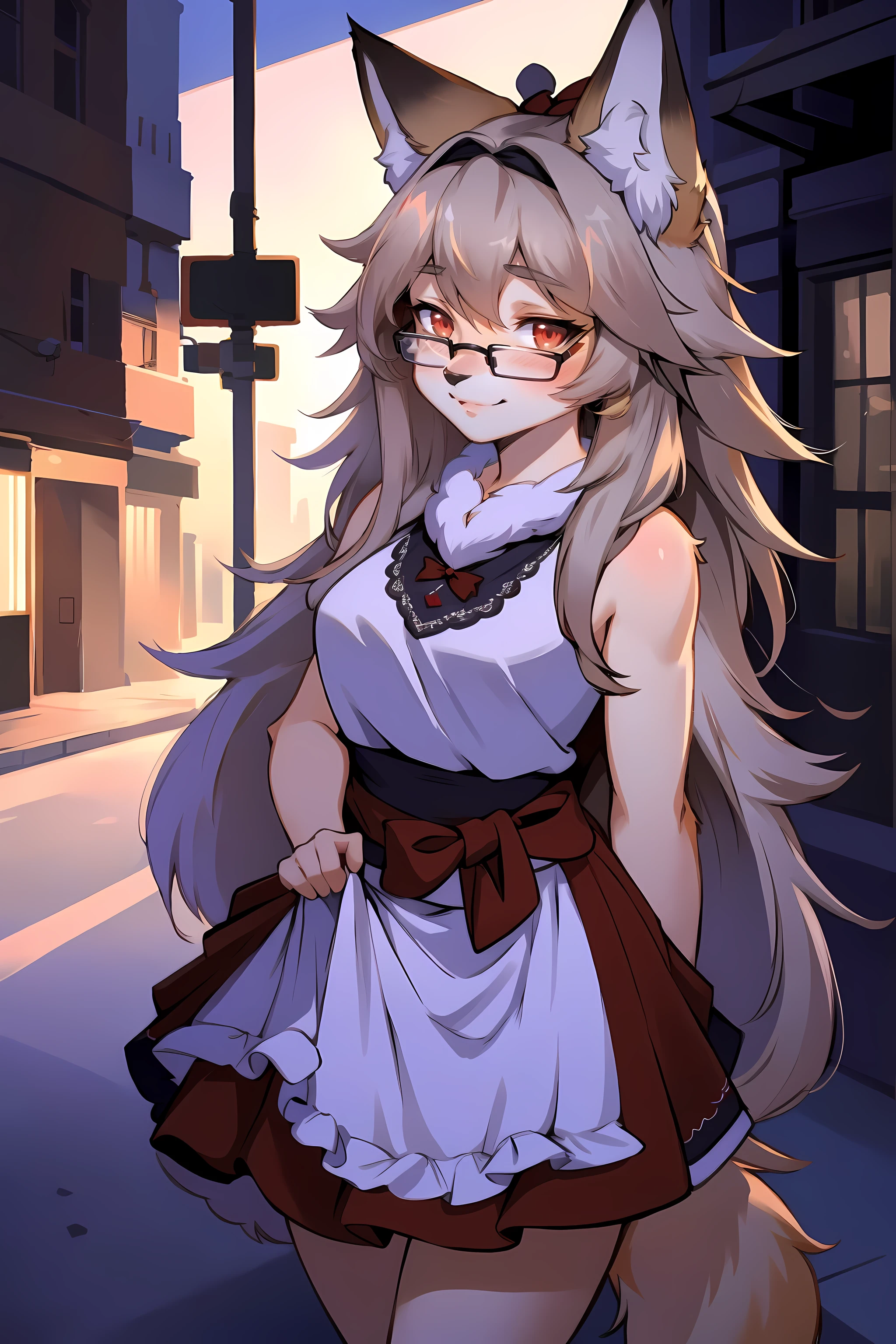 animal nose,shaggy,(Best quality,4K,8K,A high resolution,tmasterpiece:1.2),ultra - detailed,actual,photoactual:1.37,girl,Dressed in lace and ribbons,fluffy and shy fox girl,beautiful tmasterpiece quality,Delicate gray eyes,medium-length, glowing light eyes, shinny hair, the maid outfit，红色短发狐狸shaggygirl, fluffy hair shy, beautiful red eye, wears glasses, very fluffy tail, Bigchest, Bow in hair, 17 years younger, Happy , Young body, 好girl, in a skirt, the street, 可爱的Bigchest, face flushed, Want to be loved,