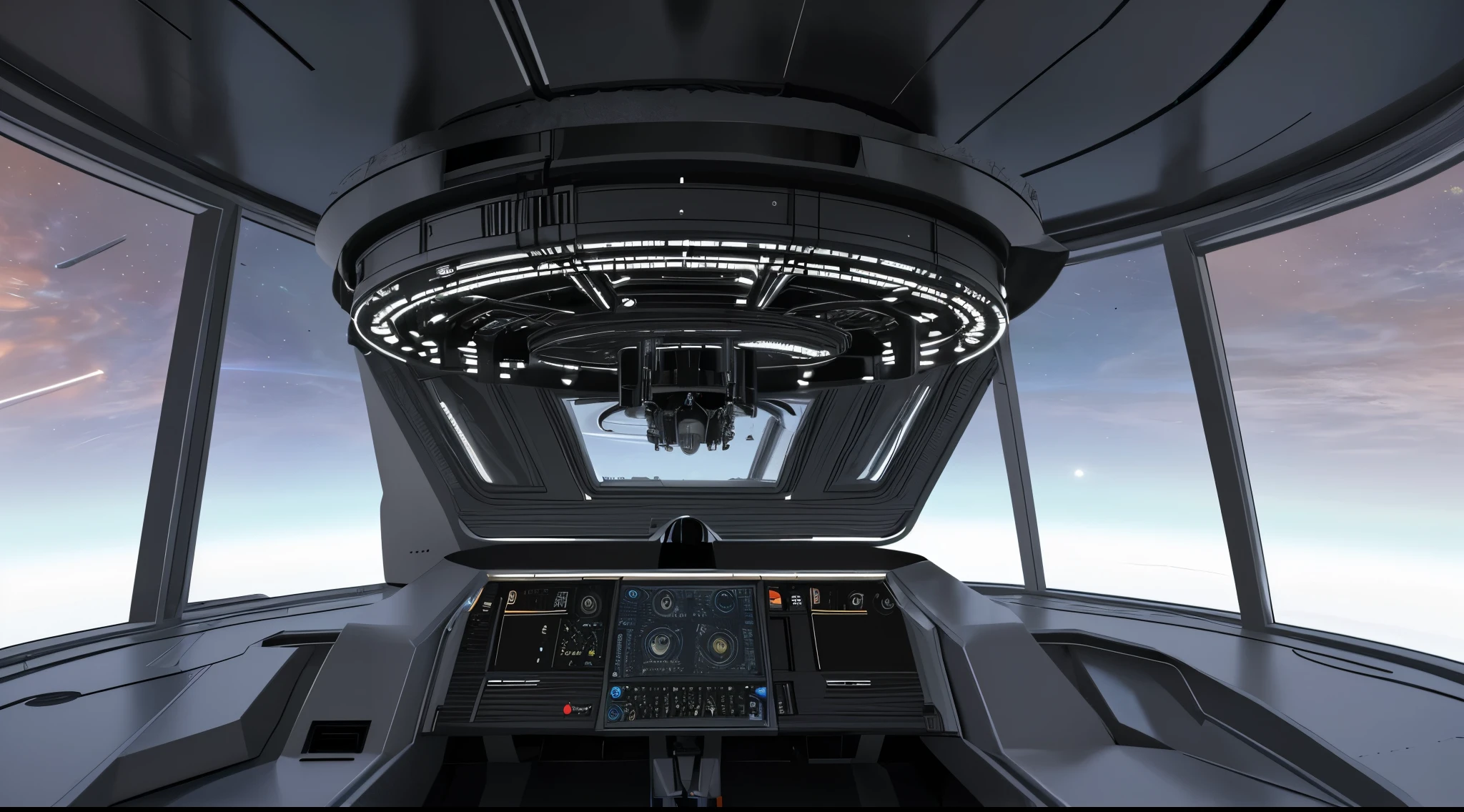 A room in the spaceship, ventanal enorme donde se ve el espacio. El. atmosphere is futuristic in a spaceship from the future of the year 2800, ambiente en penumbra, instrumental activado, monitores, consolas, se encienden en la noche. Escena hyper realista, render 3D 16K, very high image resolution, specular cinematographic lighting with 25° spotlights, escena en campo amplio, (GRAN VENTANAL HACIE EL ESPACIO), detalles especialmente definidos e intrincados