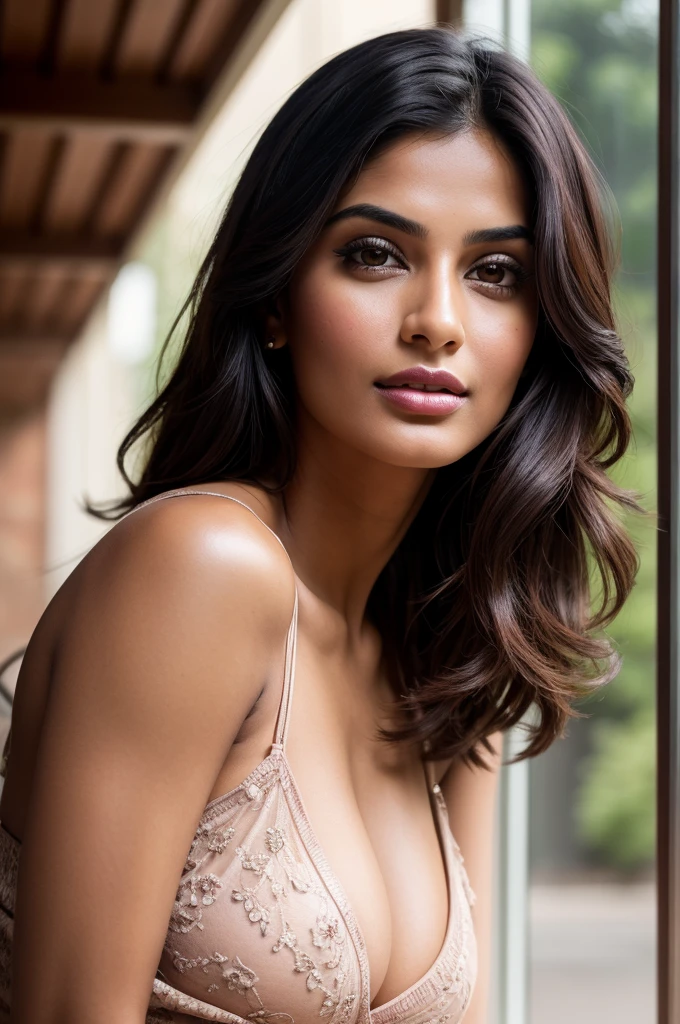 full face portrait photo of a 25 years old Bollywood supermodel girl, RAW, beautiful woman, half-open strawberry lips, dimples, longing gaze, (extra long wavy brown hair), ((detailed face)), ((detailed facial featureinely detailed skin), pale skin, medium breast, random coloured dress, (detailed deep cleavage red dress), (cold colors), damp, moist, reflection masterpiece) (perfect proportion)(realistic photo)(best quality) (detailed) photographed on a Canon EOS R5, 50mm lens, F/2.8, HDR, (8k) (wallpaper) (cinematic lighting) (dramatic lighting) (sharp focus) (intricate) dynamic pose, super sexy 8K uhd