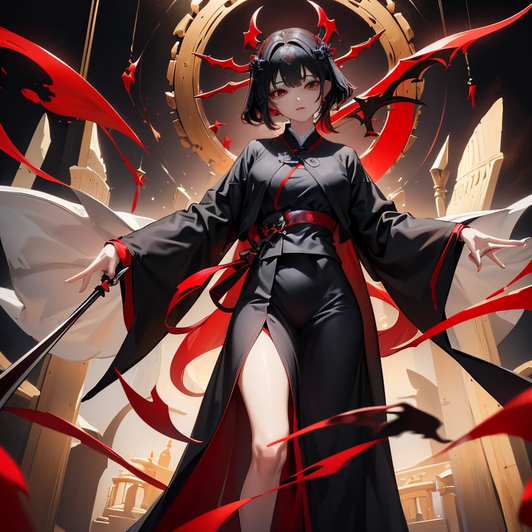 Cross Accessories、gazing at viewer、have a cross、Wearing a black robe、Red Eyes、Wearing a red aura、Holding a scythe、Fantasticalな背景、Pretty Woman、Best image、masterpiece、Fantastical、