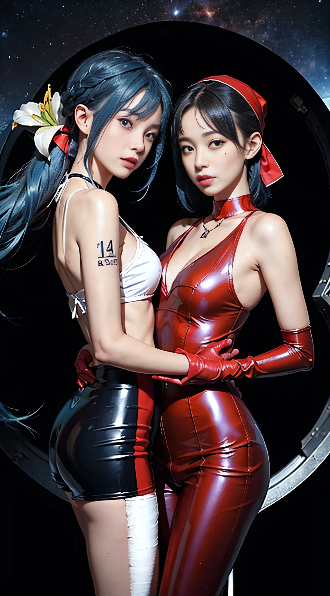 ((​masterpiece:1.4)、(top-quality:1.4)、(reallistic:1.7))、masuter piece:1.4、Beautiful Girl Dirty Pair、(Beautiful Girl Space Investigator Nasty Pair:1.4)、Kei and Yuri space investigator duo、two investigators, Kei and Yuri stand side by side...、(hold a gun:1.2)、Body Fit Sexy Investigator Duo Uniform、(Glossy luxury latex:1.4)、(White Sleeveless Uniform Jacket)、(Underwear Red Sexy Super Ultra Bikini)、(Luxury Red Latex:1.4)、age19、(Cute tattoos:1.4)、(Wearing white gloves)、(Two cute girls:1.4)、Super beauty、foco nítido、Portrait photos、(Perfect female body:1.4)、perfectly proportions、Sexy couple、Upper body photography:1.4、美丽的面容、(Beautiful skins:1.4)、beautidful eyes、Narrow waist、beauty legs、(Kei has red hair and wears a bandana............:1.4)、(Lilies have blue hair:1.4)、(length hair:1.2)、Beautiful udder、large full breasts:1.2、Sexy ass、Raw photo、red-lips、Red high heels:1.4、a choker:1.4、a necklace:1.4、耳环:1.4、1 screen display、cyberpunkcity:1.2