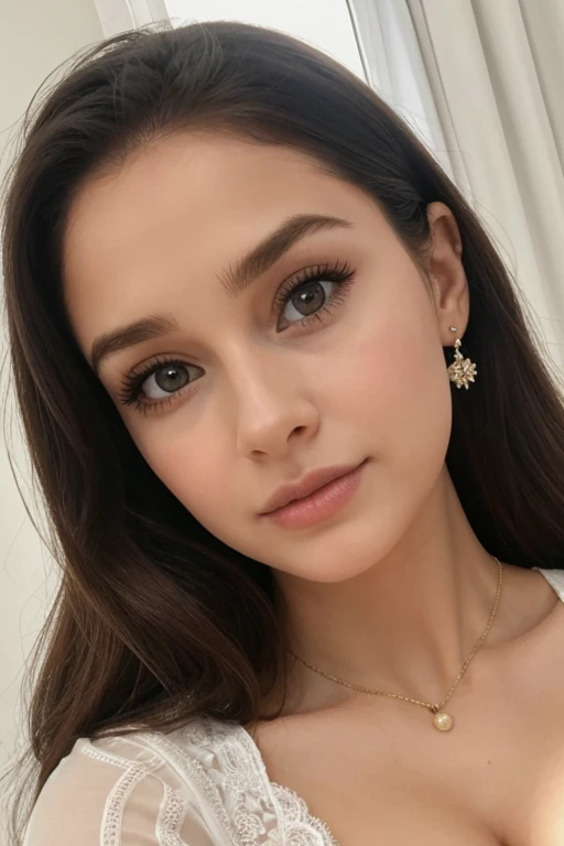 Mulher na calcinha de renda e colete branco,Silhueta grande e perfeita， Menina sexy com olhos azuis, Retrato Sophie Mudd, Retrato de Corinna Kopf, cabelos loiros e olhos grandes, selfie de uma jovem mulher, Olhos na sala, Violeta Myers, Maquiagem Orn, Maquiagem natural, Look directly at the camera, Rosto com Artgram, dezentes Maquiagem, Fotos deslumbrantes de corpo inteiro, em um quarto, Fission