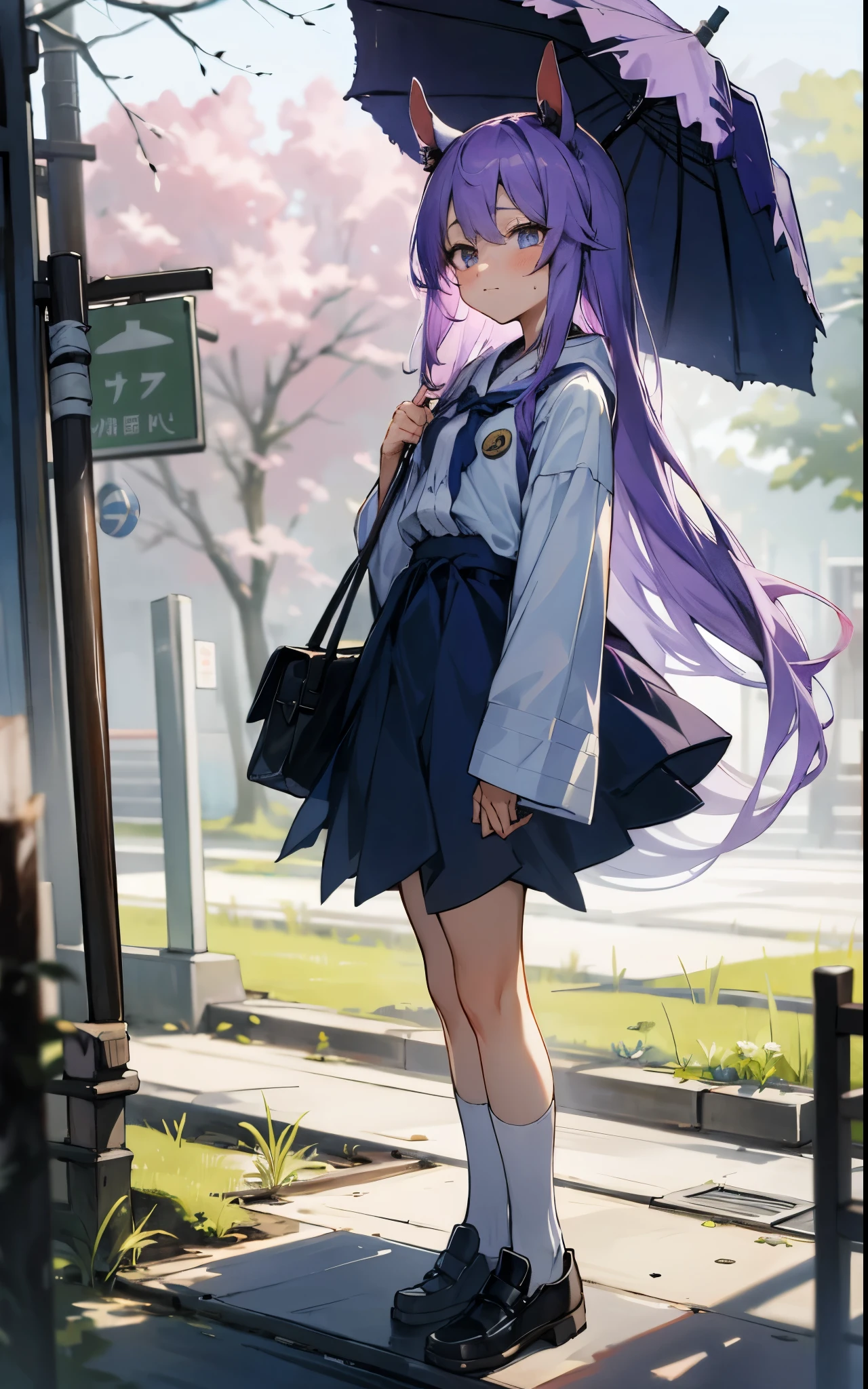 1girl, Purple colored hair，beast ear, rabbitears, straight, The upper part of the body, looking at viewert, pony tails, face expressionless, badges, By bangs, Blue baseball cap, Detailed eyes, Clothes to write, white  clothes, hooding, hooding放下, standing on your feet,longer sleeves，Keep one's mouth shut，（bluedress：1.05），独奏，（light blush：0.9），光秃秃的The tree，buildings，城市，view over city，In the daytime，exteriors，the street，toyko\（城市\），The tree