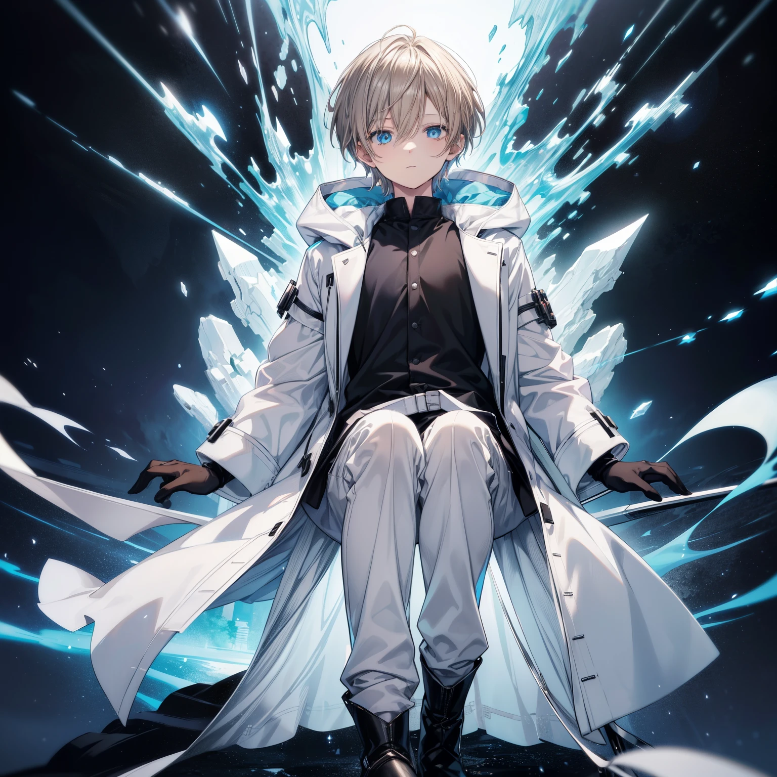 masutepiece, Best Quality, face perfect,Official art,the Extremely Detailed CG Unity 8K Wallpapers, (1 boy), Anime Boy, light brown hair, eyes light blue, Light Blue Highlights, white long hooded coat, slim black pants, black dress boots, ((Plain white shirt)), light blue aura, White aura,Night, Beautiful detailed eyes