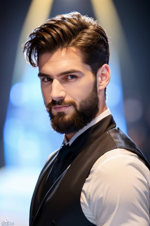 top quality,super detailed,realistic:1.37,beautiful man,beautiful face,detailed honey eyes,strong jaw line,chôme beard,beautiful smile,chic costume,elegant hair,laser,security system,knight,look seductive,well groomed,professional,model figure, bright colors,studio lighting,ton de couleurs show,center:people shot,beard removed,paper color brown