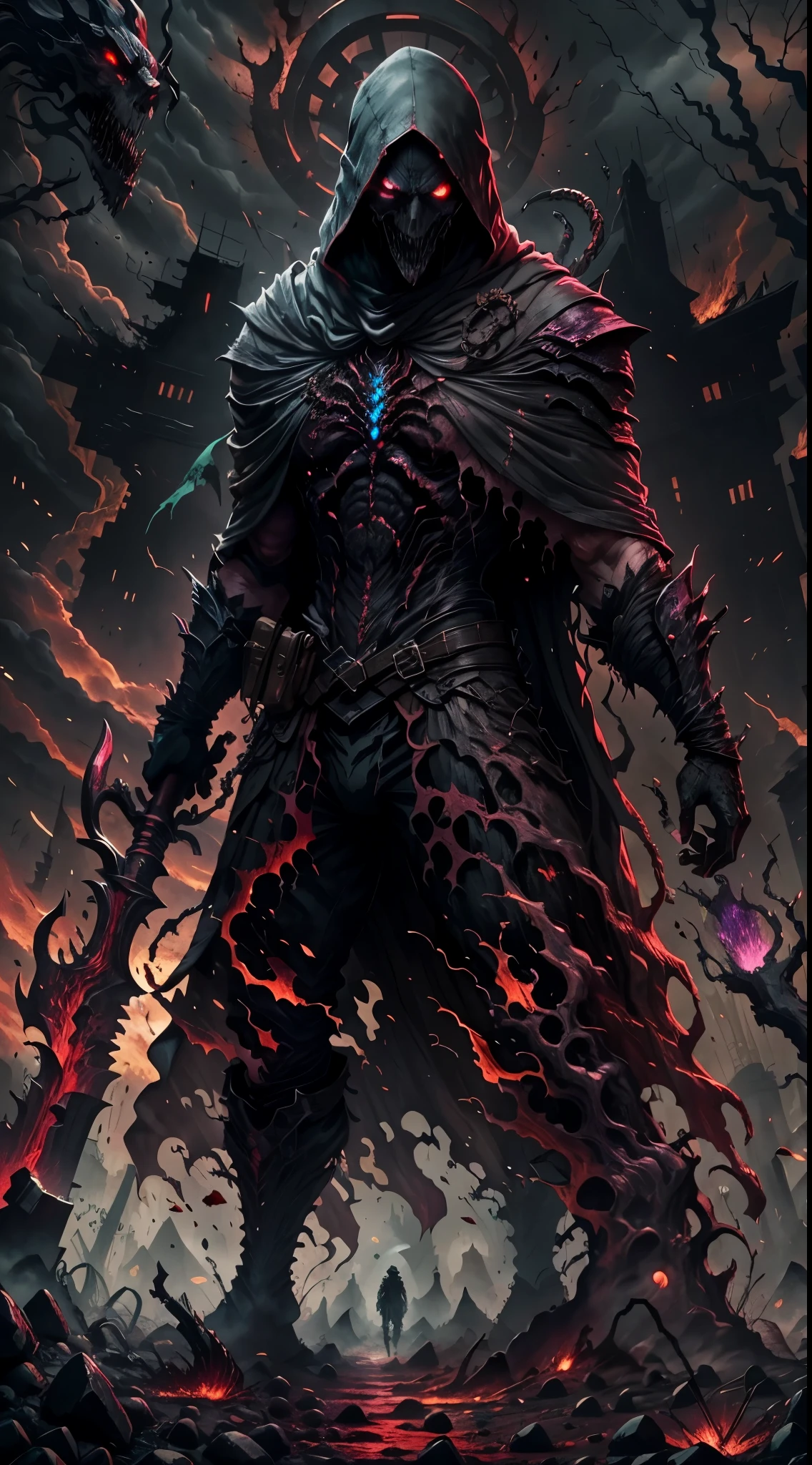 a tall,farm,garden,old rusted farmer outfit,bloody scythe as a weapon,crow land on shoulder ,red and purple energy, shattered old farming tool as weapon,horror video game,boss,bloodborne series,detailed,twisted face,shadowy cloak,menacing presence,villainous character,dark atmosphere,sinister,fierce glare,threatening posture,ominous background,red eyes,wicked grin,blood-drenched weapon,intimidating,final encounter,nightmarish,dreadful ambiance,terrifying,deadly attacks,gloomy,haunting soundtrack,chaotic,desolate environment,multiple phases,challenging battle,horrifying creature,nightmare fuel,intense gameplay,thrilling experience,top-notch graphics,vivid colors,emotionally draining journey