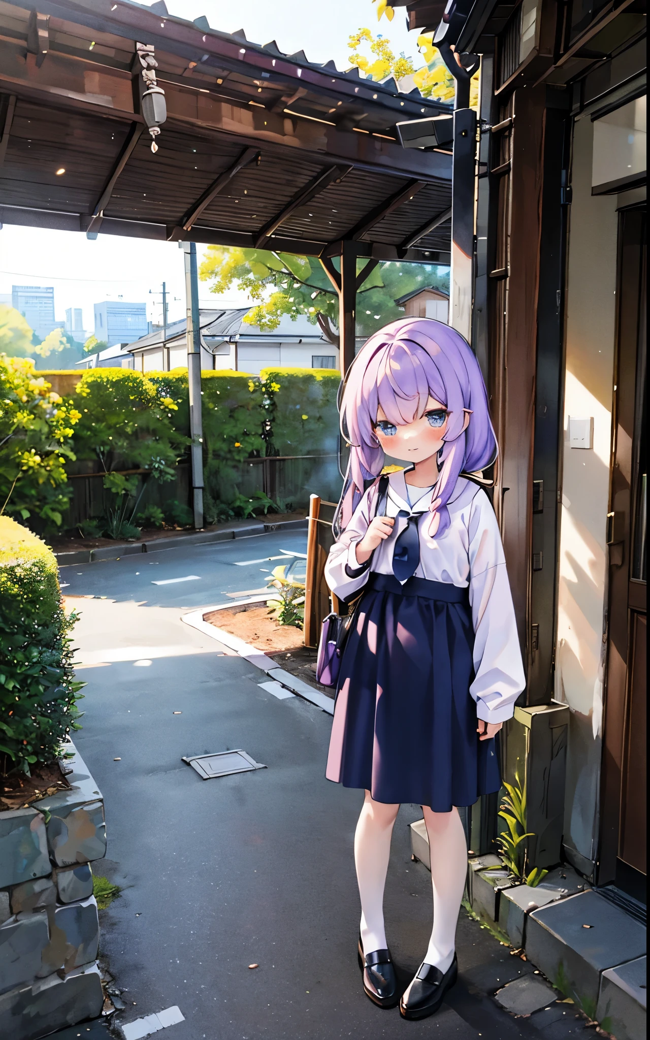 1girl, Purple colored hair，beast ear, rabbitears, straight, The upper part of the body, looking at viewert, pony tails, face expressionless, badges, By bangs, Blue baseball cap, Detailed eyes, Clothes to write, white  clothes, hooding, hooding放下, standing on your feet,longer sleeves，Keep one's mouth shut，（bluedress：1.05），独奏，（light blush：0.9），光秃秃的The tree，buildings，城市，view over city，In the daytime，exteriors，the street，toyko\（城市\），The tree