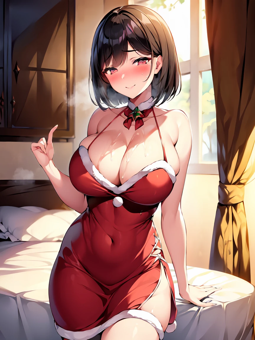 masterpiece, best quality, highres, 1house wife, pointy breasts, bob cut black hair, (embarrassed, blush:1.3), seductive smile, santa long frilled dress, (love juice:1.5),