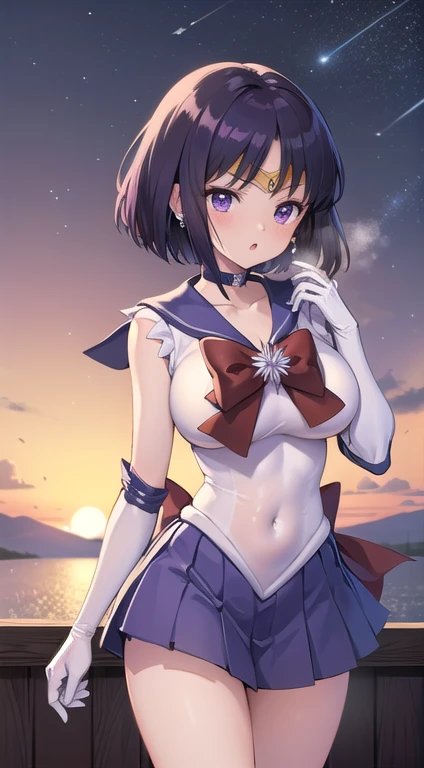 (masterpiece:1.2, best quality:1.2), (shiratama:1.2), R15, highres, (realistic:0.5), (extremely detailed), (intricate), (beautiful dentaled glow:1.2), sunset, gradient sky, space, cinematic lighting, (pixiv), 1girl, (8k, HD, portrait, cowboy shot, anime, 4k, novel illumination, soft outline, (perfect quality:1.2), bangs
BREAK (tomoe hotaru, sailor saturn), purple eyes, purple hair, short hair, 
BREAK back bow, purple bow, purple choker, purple sailor collar, purple skirt, bow, choker, earring, tiara, elbow gloves, jewelry, magical girl, large breast, collarbone, (white leotard), miniskirt, sailor collar, sailor senshi uniform, boots, (sleeveless), ((see-through)), (skindentation:1.2), (steaming body, heavy breathing:1.2), (bare shoulders, bare hip, thighs, covered navel)
BREAK (perfect anomary, perfect hand), (perfect cute face:1.4), (perfect clothes, perfect body), night, (sky:1.2), (:o, (in front), outdoor, energy, NFSW), white background