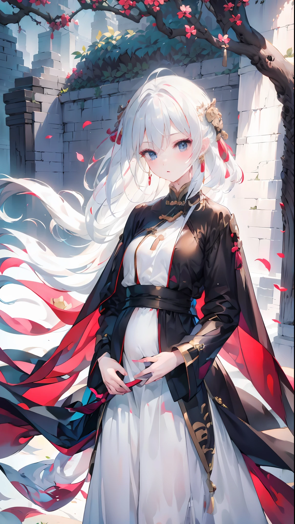 Golden hairpin, white ash hair, black shirt, white skirt, (black cloak:1.2), pale face, sweating, heavy breath, blushing, pregnancy  dresest quality:1.2), ultra-detailed,realistic ,portraits, vivid colors, soft lighting, interesting PoV, stocking, straight hair, pregnant, Pregnant  belly, anime girl, solo girl, light blue eyes, Chinese sword, swing sword