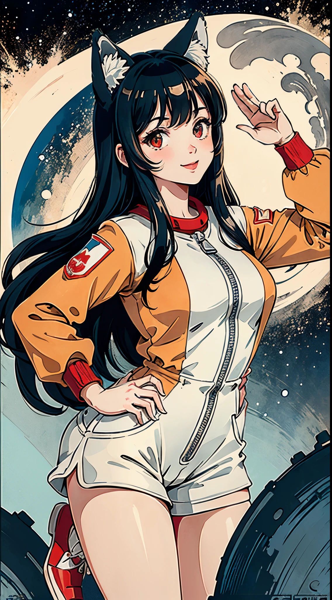 1girl,curvy_breasts,cute,beautiful detailed eyes,shiny hair,visible through hair,hairs between eyes, USSR poster, soviet poster,red monochrome,soviet poster, soviet,communism, PROPAGANDA POSTER, Black_hair, monster girl, wolf girl, wolf ears, smiling, red_eyes, furry, age, goodbreast,{Spacesuit|Orange_clothing_body|jumpsuit},red_gloves, white_space_shoes, white_helmet, the USSR red letters on the top of helmet, weightlessness, Side light, reflection, The person in the spacesuit is at the bottom left of the frame, The right hand is outstretched, (the right hand gently touches the Salyut space station), Space station in the upper right corner of the screen, Reflected light from the sun, Silver metal,red flag, brilliance,USSR style, diffuse reflection, Metallic texture, The vista is a blue Earth,mecha style,the sea of star,high tone, magnificent, (effect of old poster )