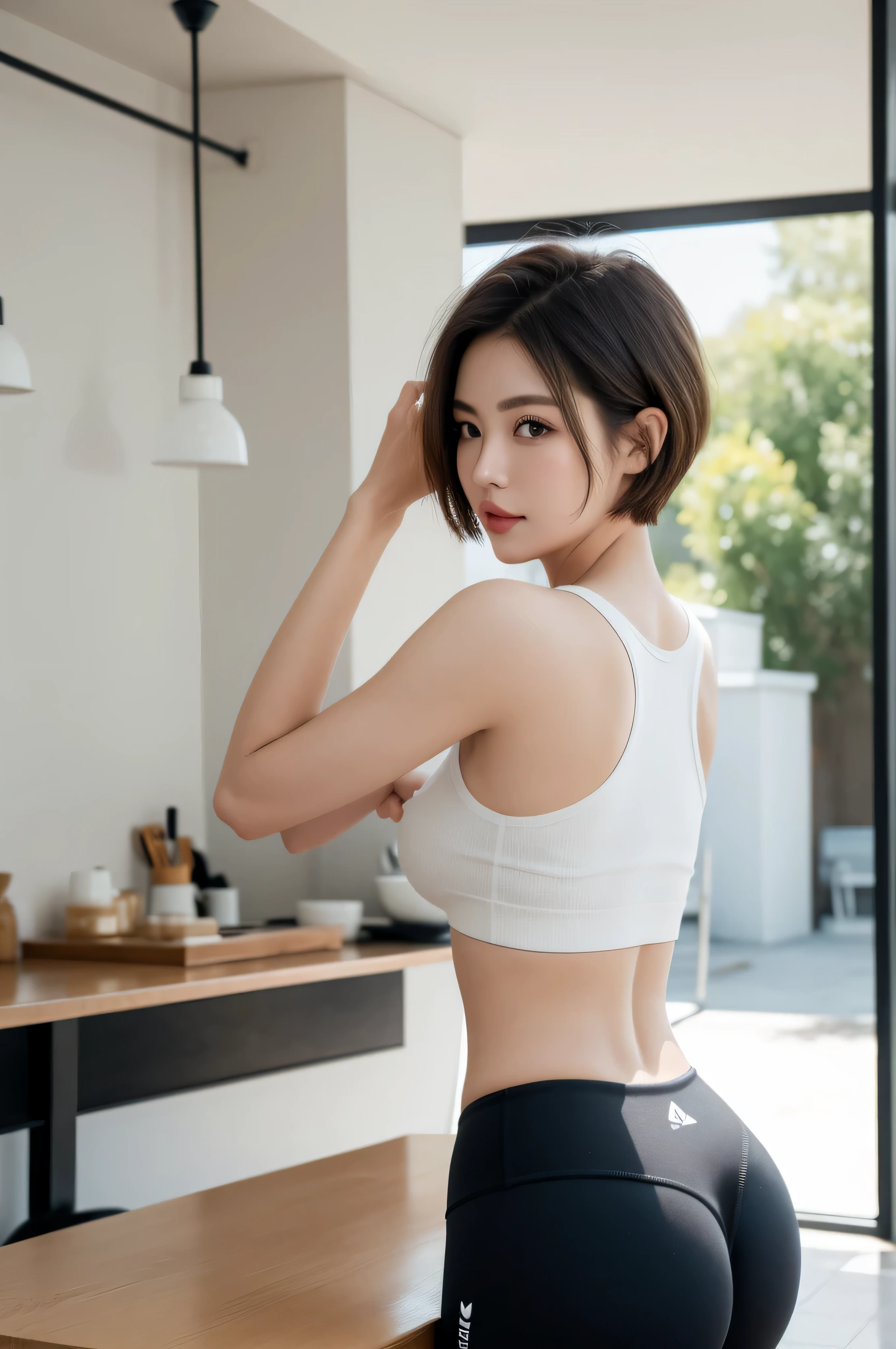 ((Short-haired girl in white sports bra)),teenager,one&#39;s home、Sit on the bed、physical education sitting、chest、transparent、open your mouth、Show your tongue、leaning forward、Facial