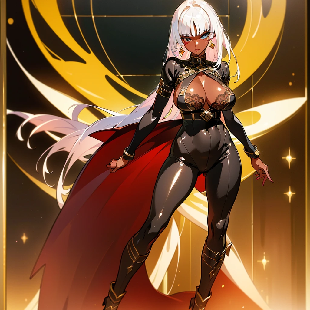 (Warrior Witch), (((masterpiece))), (((best quality))), (masterpiece: 1.3), ((16k, .RAW, sharp focus, Best detail, vibrant color strokes)) , ((8k)), ((ultra-detailed)), ((detailed face)), (1 dark-skinned human female: 1.2), (white hair 1.3), (((Heterochromia, in the eyes, red and yellow: 1.2,))), ((well-designed eyes, detailed eyes: 1.2)), (standing), sexy body, (tight black body: 1.2, gold lines), (leather belt and ankle boots high top: 1.2), (bracelet, earring, gold accessories), wallpaper, pinterest, (((Official art, masterpiece, ultra-detailed))), (((best quality: 1.2, intricate details, ultra- high: 1.2))), photo model, (subtle cleavage), (tight black jumpsuit: 1.2), Fantasy Art, (Fantasyart), sexy body, big breasts, witch's items, (Heterochromia, in the eyes, red and yellow : 1,2,), front photo, cinematic photo, natural light, wallpaper, pinterest, badass image, perfect photo, volumetric lighting