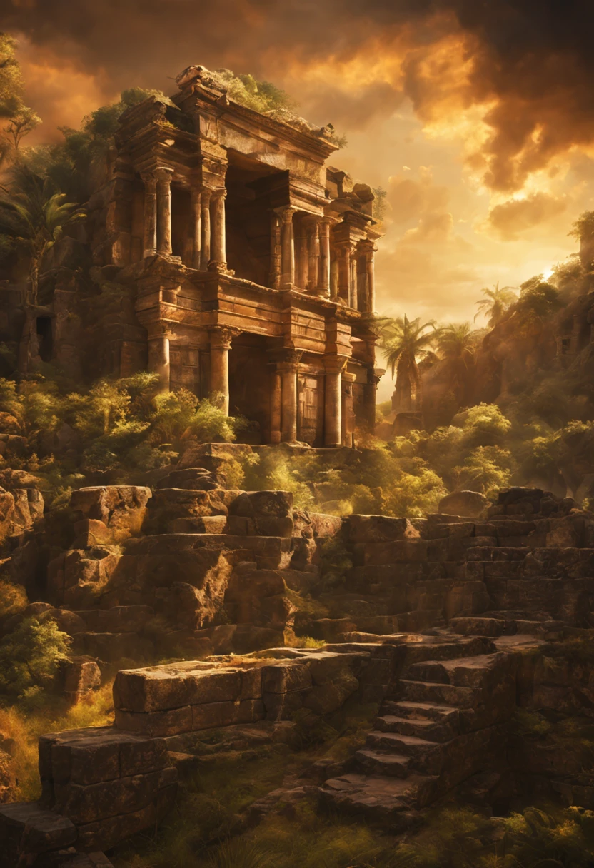 mysterious ancient ruins,ancient stone architecture,dramatic lighting and shadows,serene atmosphere,imposing structures,rich texture,weathered carvings and symbols,hidden passages and chambers,overgrown vegetation and vines,ethereal glow,breathtaking vista,enchanted aura,ancient civilization's legacy,sense of history and mystery,evoking a sense of awe and wonder,symbolism of the past and present,echoes of lost civilizations,almost otherworldly,whispering secrets of the past (best quality,4k,8k,highres,masterpiece:1.2),ultra-detailed,realistic:1.37,HDR,stunning colors,subtle earth tones,golden light,play of light and shadow,magical ambiance