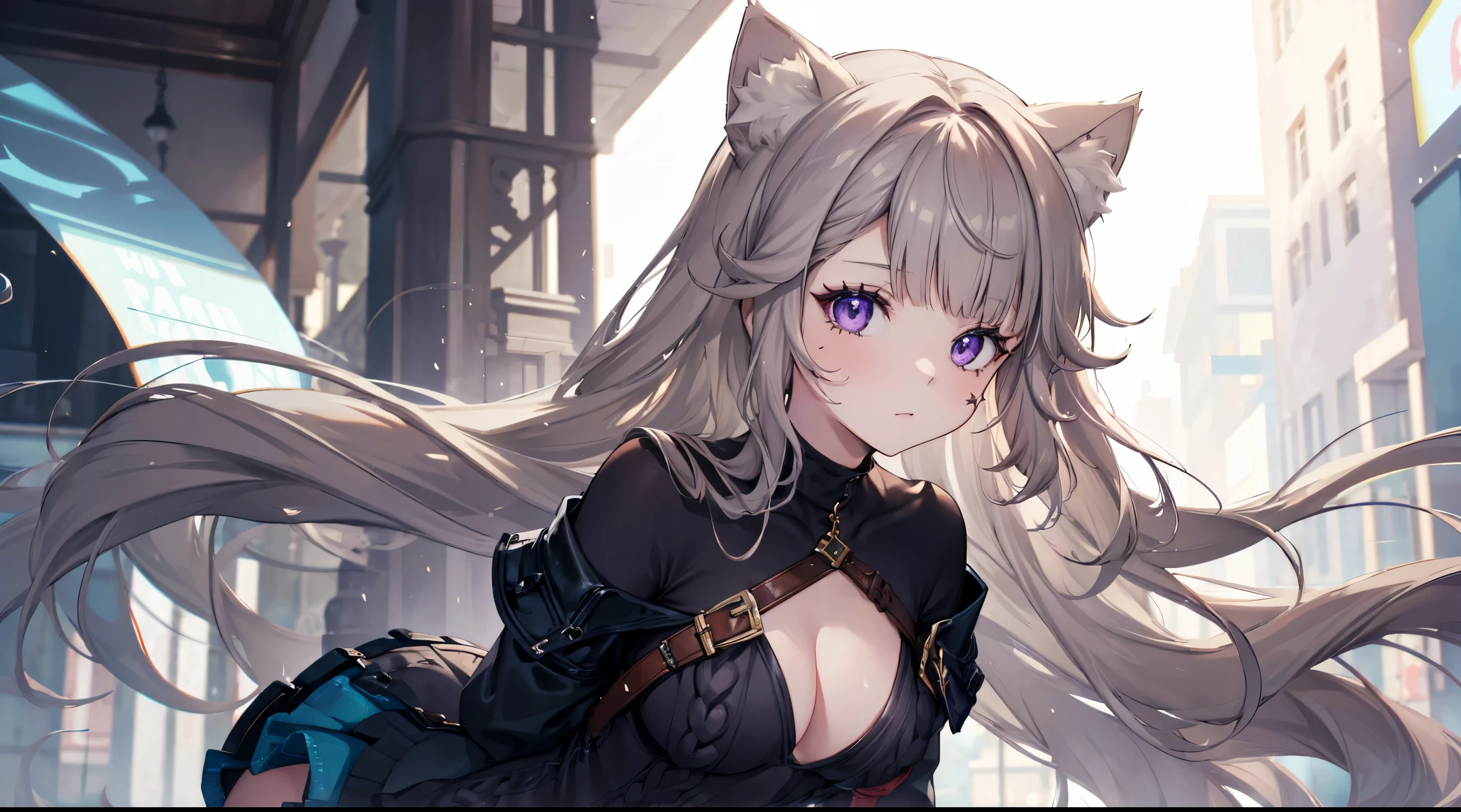 (((4k, masterpiece, top-quality))) ,8k, best quality, high resolution, HD, (arms behind back:1.2), unity 8k wallpaper, (((illustration))), beautiful detailed eyes, extremely detailed face, perfect lighting, extremely detailed CG, 1girl, solo, animal ears, sweater, breasts, cleavage, white sweater, off shoulder, cat ears, skirt, pleated skirt, animal ear fluff, bare shoulders, off-shoulder sweater, lynette, cat ears, (purple eyes:1.2), brown hair, (((single star on left cheek))),