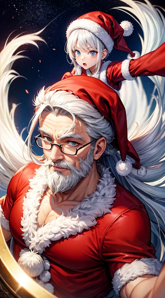 top-quality、70 year old male、santa claus、well-muscled、white hair、Whitehair、eye glass、hold one's arms outstretched、santa costume