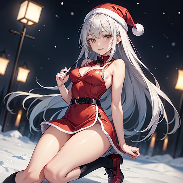 hightquality, hight resolution, Skin Texture、Alone、20yr old、The face is small、 A slender、Model-like body shape、long bright white hair ，Straight bangs, sharp eye, yellow eyeun look、ssmile、Large bust、Sleeveless、a miniskirt、over-the-knee socks、santa claus style red costume、Cuffs、holding a gift box in hand、snowy night、 a park