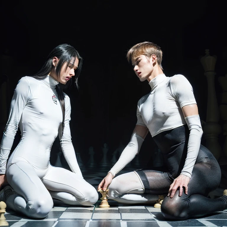 (2 males, empty background, chessboard floor, human chess, black pawn kills white king, males in  bodysuits representing their respective chesspieces:1.5)