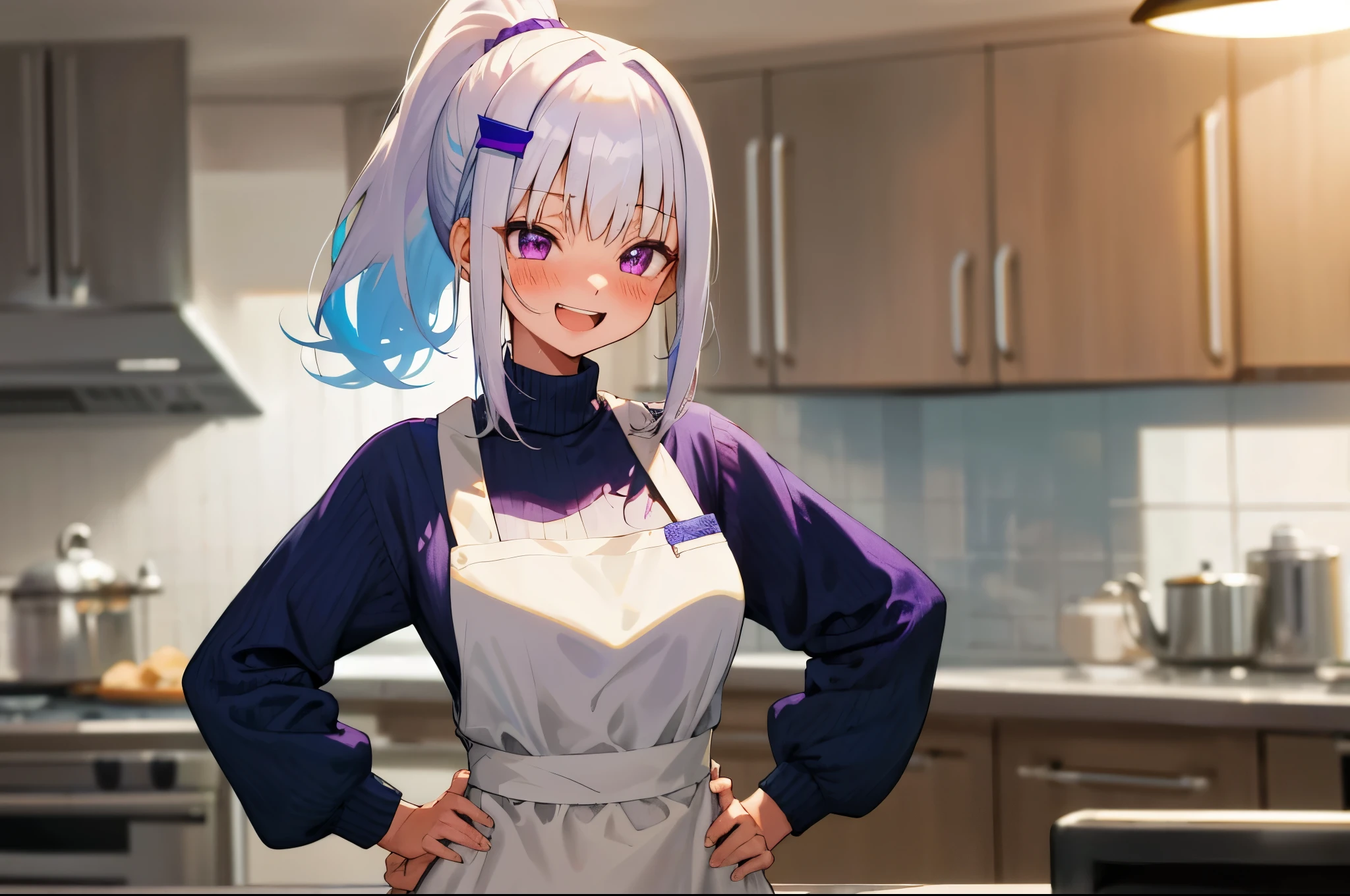 One girl with high ponytail hair, bangs, white hair, blue inner hair:1.25) , purple eyes, blushing, little smile, open mouth, teeth, indoor, hands on hip, kitchen, sweaters, apron, mid-chest, day atmosphere, hair ornament, medium breasts, upper body, focus, blurry background, food