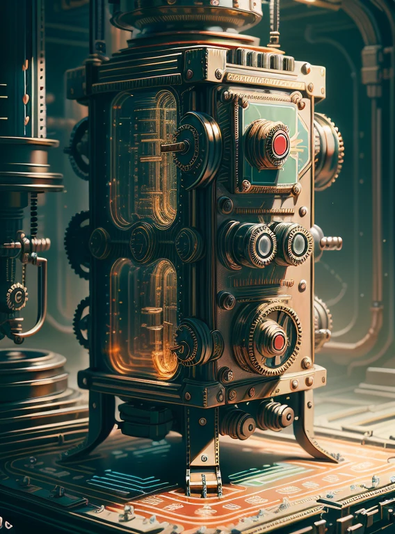 A steanpunk machine with gears in metallic red, metallic yellow, metallic orange, metallic blue and metallic green, perfectly aligned and working efficiently, the frame of the machine richly decorated with silver engravings of flowers and fruits, in the modern art deco style.