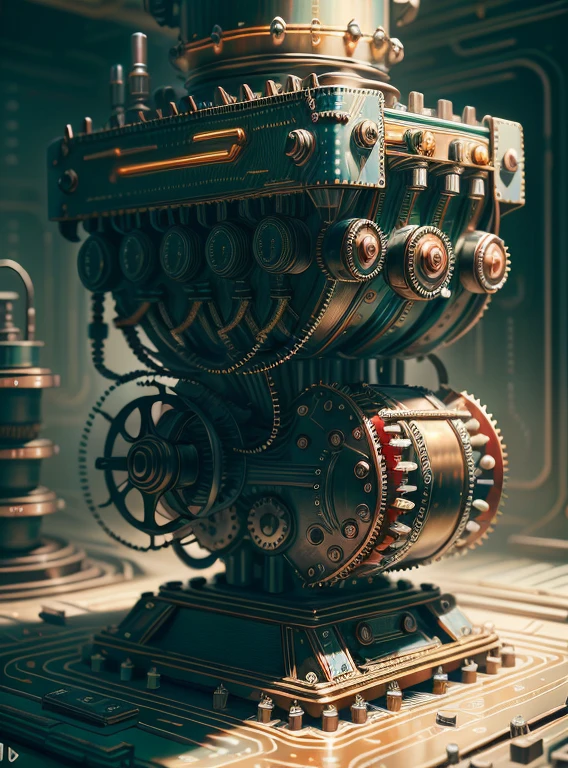A steanpunk machine with gears in metallic red, metallic yellow, metallic orange, metallic blue and metallic green, perfectly aligned and working efficiently, the frame of the machine richly decorated with silver engravings of flowers and fruits, in the modern art deco style.