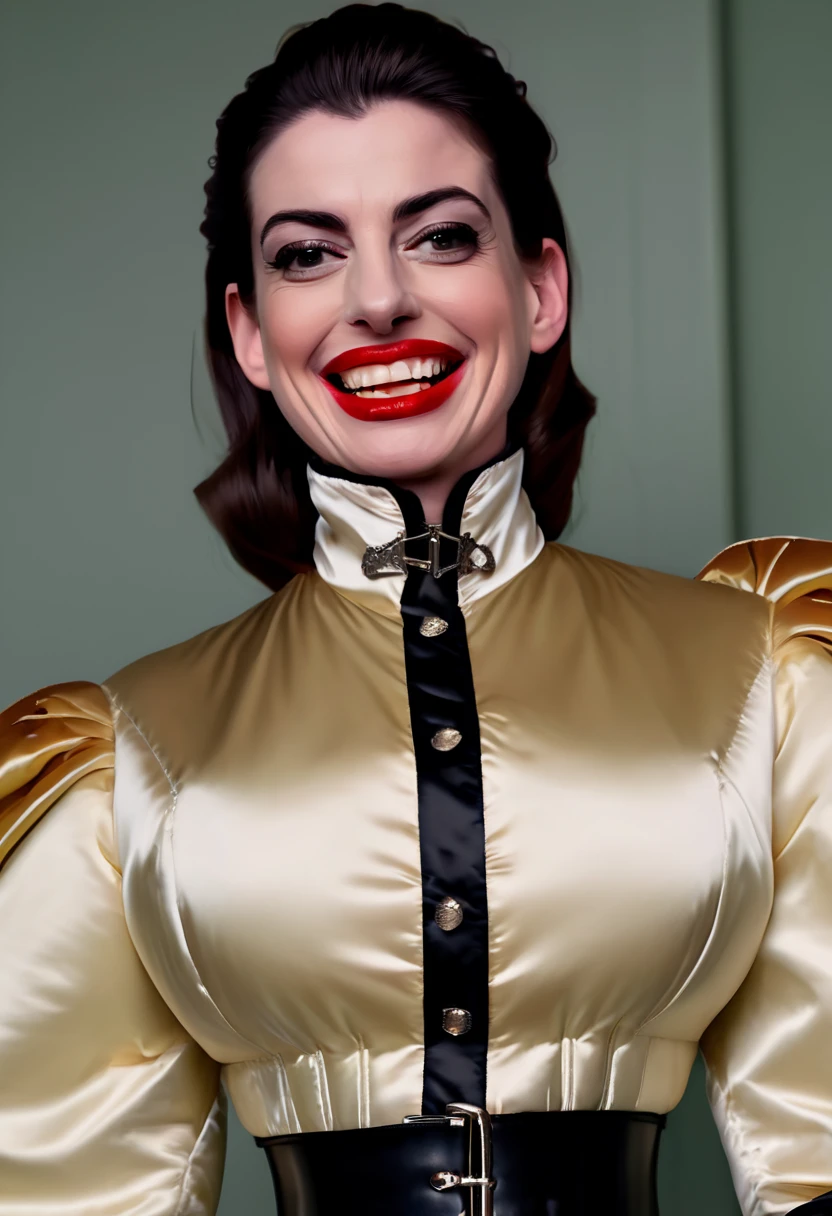 closeup shot, (angry evil dominatrix anne hathaway showing her clinched teeth in anger with flared nostrils and furrowed brows:1.2) in a (closed satin skintight silk buttoned mandarin collar puffer jacket with large shoulder-pads and extremely tight corset and belt and satin cape:1.3), tight hairbun, silk gloves, large covered breasts, small waist, wide hips and torso, (insane wide eye stare:1.2), (muscular arms), subtle evil stare with flared nostrils, large shoulder-pads, extremely cinched small waist,