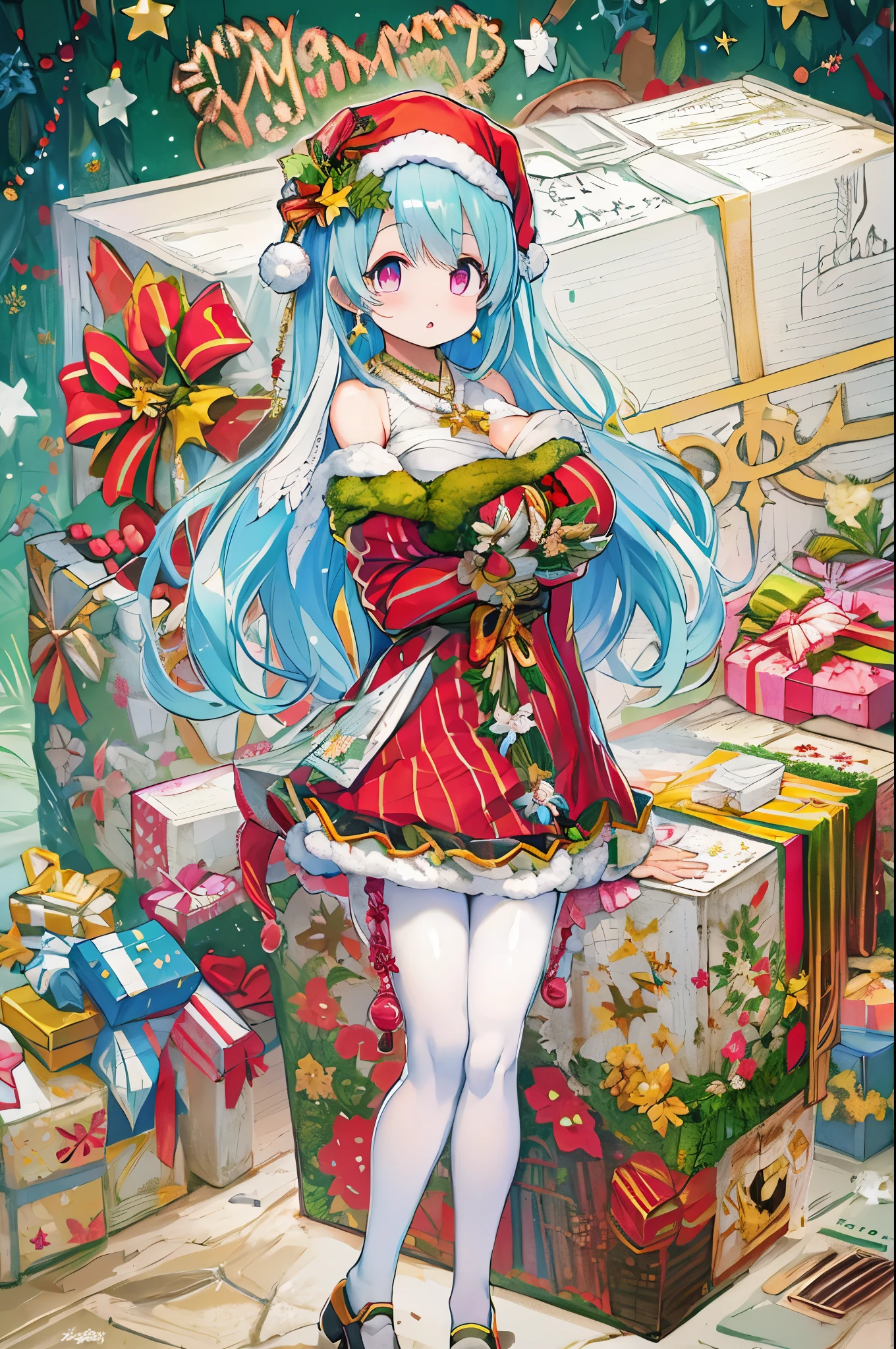 1girl in, Bangs, Blue hair, Bow, Box, 手链, Christmas, Christmas tree, Cowboy Shot, Dress, earrings, fish net, flower, gift, gift box, Hair Ornament, Hamel, Jewelry, Looking at Viewer, multicolored hair, Necklace, pantyhose, Parted lips, Purple eyes,bbw、huge-breasted