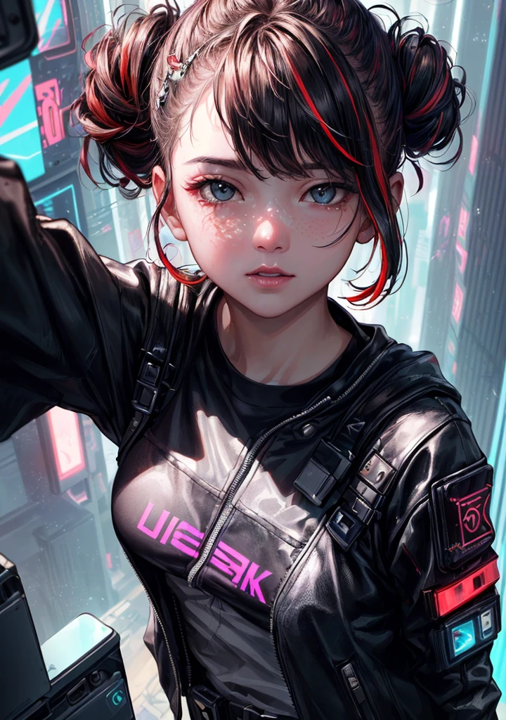 analog style, model shoot style, (Selfie:1.8), 1girl, jolly, upturned eyes, (Cyberpunk:1.8, Cyberpunk city background:1.8), ((The cutest face: 1.8, Perfect face:1.3)), (half updo, multicolored hair:1.4, pale skin:1.5), (From above:1.4), Best Quality, epicd (by lee jeffries photo, sony a7, 50 millimeters, pores:1.5, Colors, hyperdetails:1.5, Film grain:1.4, hyper realisitic: 1.5), Octane Render, ultra realistic lifelike textures, masutepiece, unreal enginee 5, the Extremely Detailed CG Unity 8K Wallpapers, Madly detailed photo, Ultra-realistic light, (Pulitzer Prize in Photography、Taylor Wessing Award for Photography)
