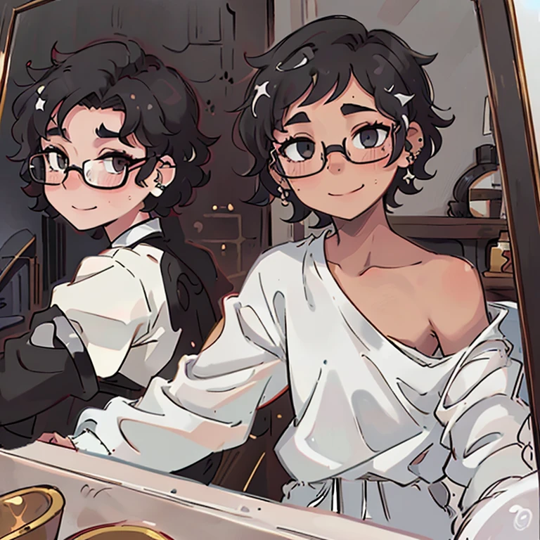 smiling, curly hair, short hair, glasses, white skin, looking in the mirror, black and white colors, 1boy
nose and mouth of a black person,
small, golden ear piercings, with a side shaved hair,
half Brazilian and half black, 18 years old, looking younger,
dark hair.