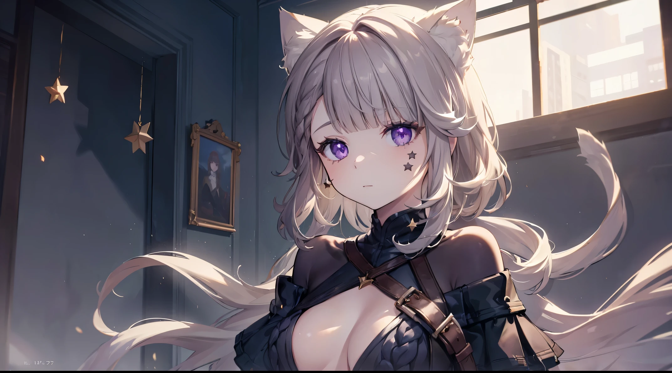 (((4k, masterpiece, top-quality))) ,8k, best quality, high resolution, HD, (arms behind back:1.2), unity 8k wallpaper, (((illustration))), beautiful detailed eyes, extremely detailed face, perfect lighting, extremely detailed CG, 1girl, solo, animal ears, sweater, breasts, cleavage, white sweater, off shoulder, cat ears, skirt, pleated skirt, animal ear fluff, bare shoulders, off-shoulder sweater, lynette, cat ears, (purple eyes:1.2), brown hair, (((star, single star on left cheek))),