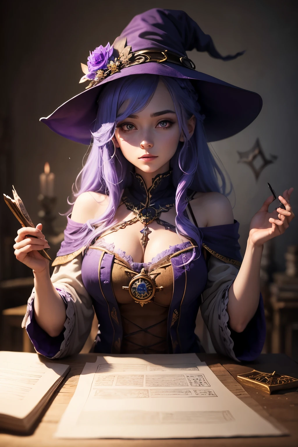 High quality, concept art with runes featuring a fantastic and beautiful female drawn on weathered parchment, using runes, character sheet, reminiscent of alchemical royalty Intricate details of alchemist witch costumes, perfect anatomy, parchment serves as a canvas decorated with ancient runes, hand-drawn sketches, by Yuki Sakura, high details, blue princess eyes, purple hair, alchemist witch