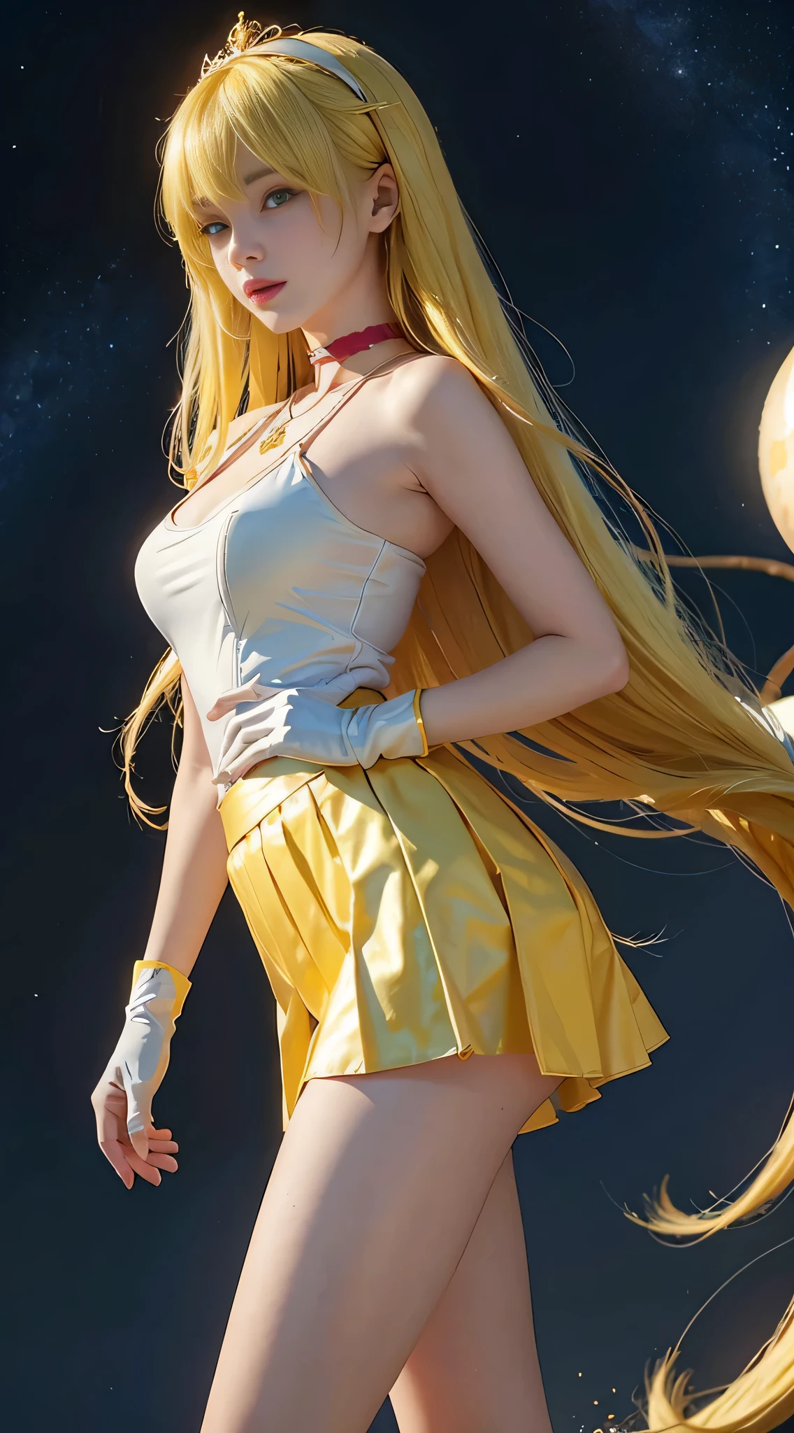(8k, RAW photo, best quality, masterpiece:1.2), (realistic, photo-realistic:1.5),omertosa,(((1girl))),(Kpop idol), (aegyo sal:1),old cityscape background, dailight,sunlight, professional lighting, photon mapping, radiosity, physically-based rendering,At a corner of the Comic Market venue, a cosplayer is posing surrounded by photographers. The photographers take pictures from various angles and flashes light up. The cosplayer is wearing a costume of a popular anime character and smiling at the camera,((sunlight)),daylight,White dress, red tie, gold embroidered miniskirt, gold embroidered dress, gold embroidered skirt, silver hair, long hair, bun hair, fearless smile, goblin smile, holy clothes, white tights, holding a sword, raising a sword,background is the sea, the coast, the sandy beach,
