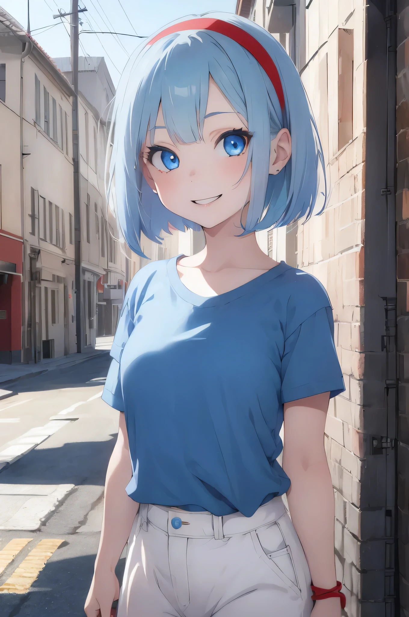1girl, pale skin color, bob haircut, light blue hair, blue eyes, red Headband, wearing red t-shirt, wearing blue jean, smile, high details, 4K, best quality