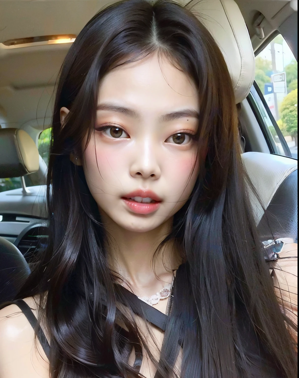 um close up de uma mulher com longos cabelos pretos em um carro, jennie blackpink, coreana, Mulher sul-coreana bonita, asian features, beautiful Asian girl, linda mulher coreana jovem, Ulzzang, young cute wan Asian face, young adorable korean face, Asian face, Asian girl, Xision Wu, Asian girl with long hair, south east asian with round face