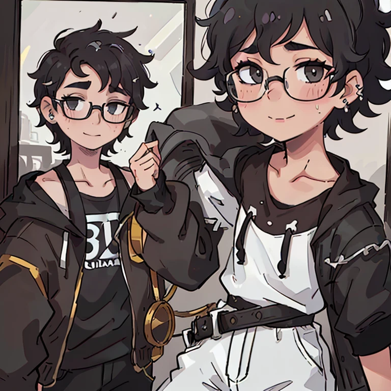 1boy,smiling, curly hair, short hair, glasses, white skin, looking in the mirror, black and white colors, 
nose and mouth of a black person, 
small, golden ear piercings, with a side shaved hair,
half Brazilian and half black, 18 years old, looking younger,
dark hair.