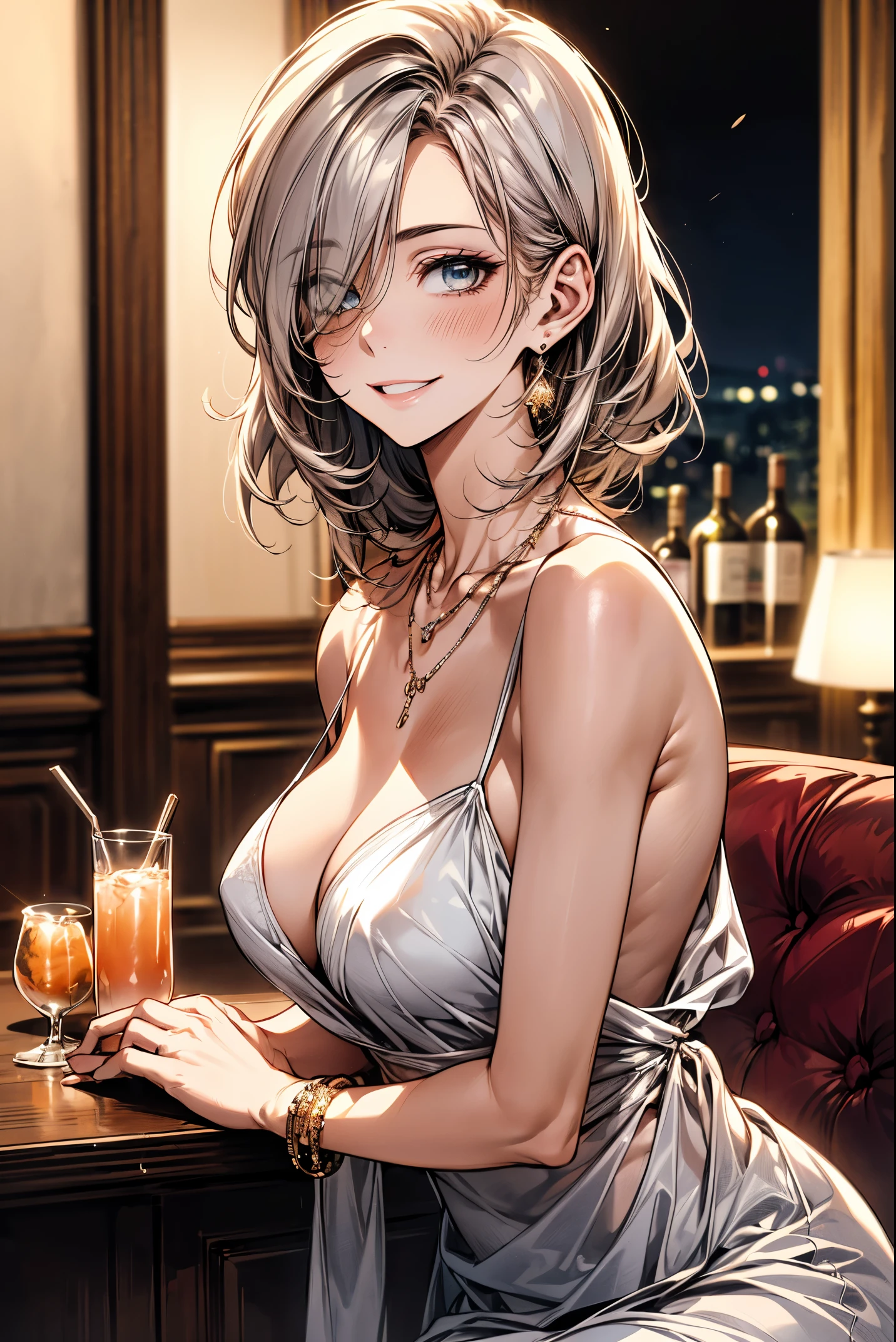 (masterpiece, best quality:1.2), (high resolution, 8K RAW photo, photo realistics, clear focus, weak outline:1.3), (cinematic lighting, moody, textile shading), pov, (solo:1.5), 1 matured woman, 24 years old, (milf:1.5), ((nfsw:1.5, fuge :1.3, sagging , big ,  cleavage, harass , , presenting)), ((Bright beautiful eyes with highlight:1.3)), (sitting a stool in night BAR counter, lying face down on the counter with putting arms on the counter top, looking at viewers, holding a cocktail glass), raised , (little happy smile:1.3, shamed), light purple mesh on silver hair, medium long hair, hair over one eye, asymmetric hair, half updo hair, blue eyes, wearing white  party dresses, long skirt with side slit, wearing green see-through shawl around your upper arms, (Luxury detailed accessories, necklace, earrings, Bracelets), bokeh, dynamic angle, upper body:1.2, close-up face:1.5, face focus, from side:1.2, (correct :1.6, ideal ratio of body proportions, correct hand:1.5, small hands), in a night,