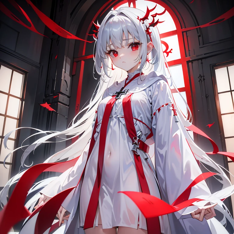 Cross Accessories、gazing at viewer、have a cross、wearing a white robe、Red Eyes、Wearing a red aura、Holding a cross、Fantasticalな背景、Pretty Woman、Best image、​masterpiece、Fantastical、