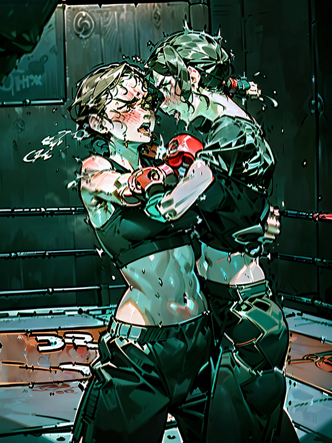 Mature woman boxer, (((boxing gloverown skin, two women, absent-minded, ((being punched by another dark-haired woman)), ((belly punch))), sweat and saliva all over the body, inferiority, on the verge of fainting, steam, bedroom, (((boxing play)), body blow