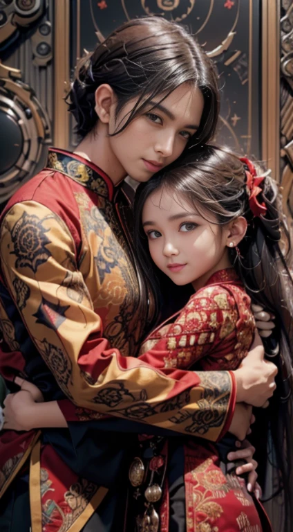 Handsome man Raden arm embracing pretty girl Ranti, realistic, brown eyes, Black hair, Javanese traditional dress, red batik