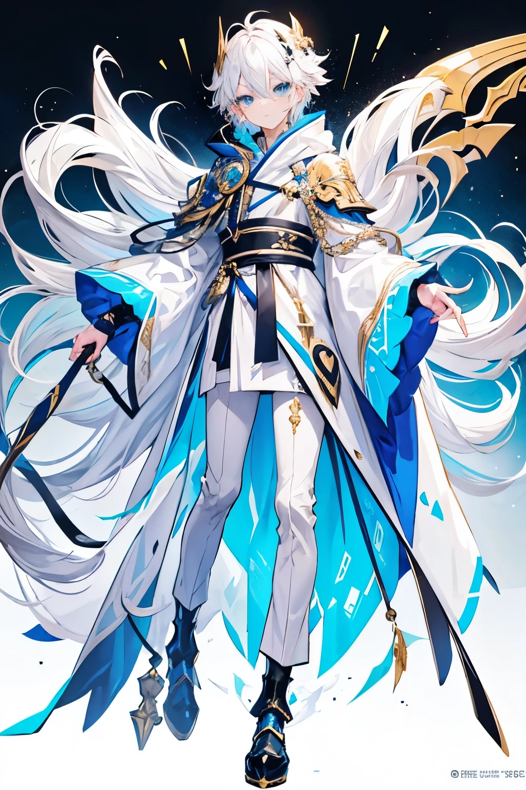 Best Quality、masutepiece、face perfect、8K High Resolution、(1 boy), animesque, animesqueの男の子, White hair, Long hair、Light blue eyes, Wearing a long, white, Open coat, secured with a black sash、was wearing a white hood, white and gold outline, And a gold chain is fastened to his back, Serious, 8K, tall, animesque、 full body illustration,
