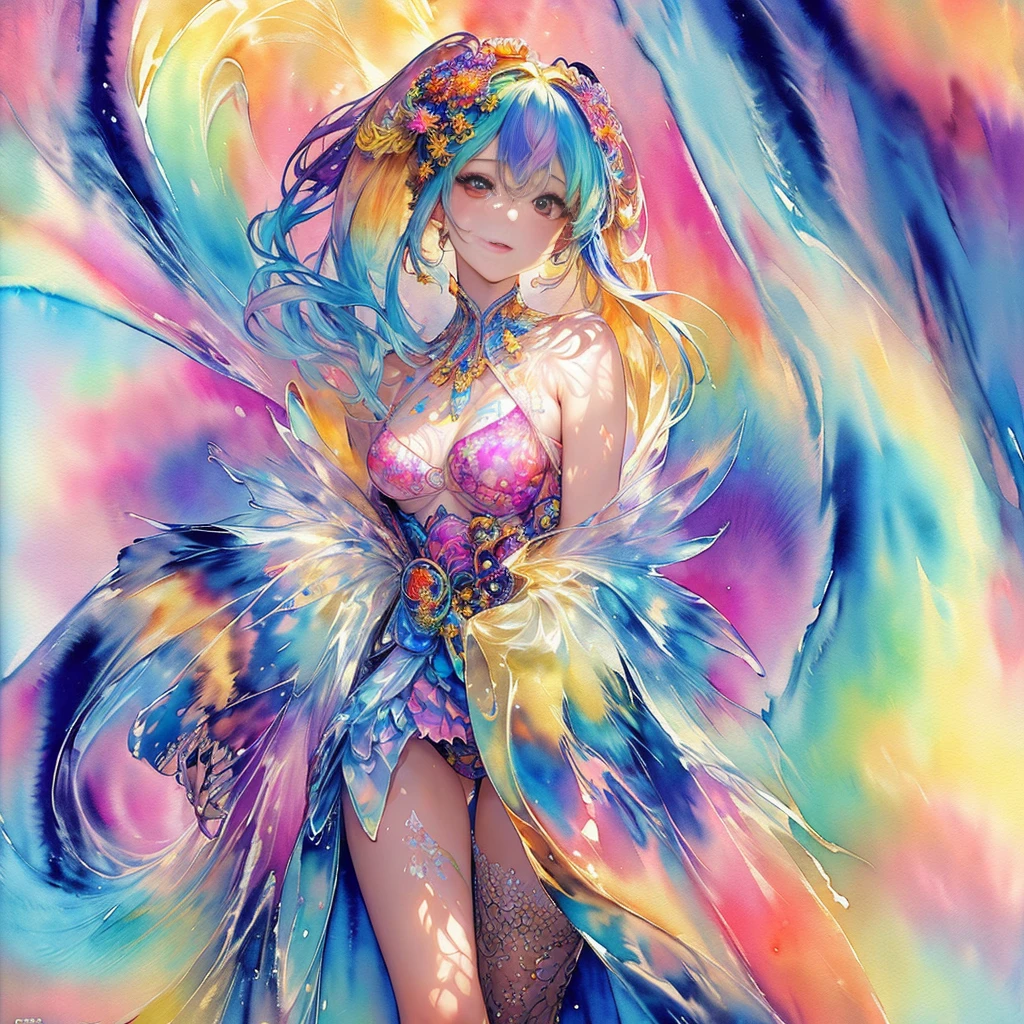 (Masterpiece, Top Quality, Official Art, Beautifully Aesthetic:1.2), (One Girl:1.3), (Kaleidoscope:1.2), Highly Detailed, Colorful, Top Detail, (Watercolor:1.3), Light Mixing, Playful Patterns, Lively Textures, Rich Colors, Unique Visual Effects Fractal Art:(Fractal Art 1.3), Fantastic at its best, (Fractal Art: 1.3),