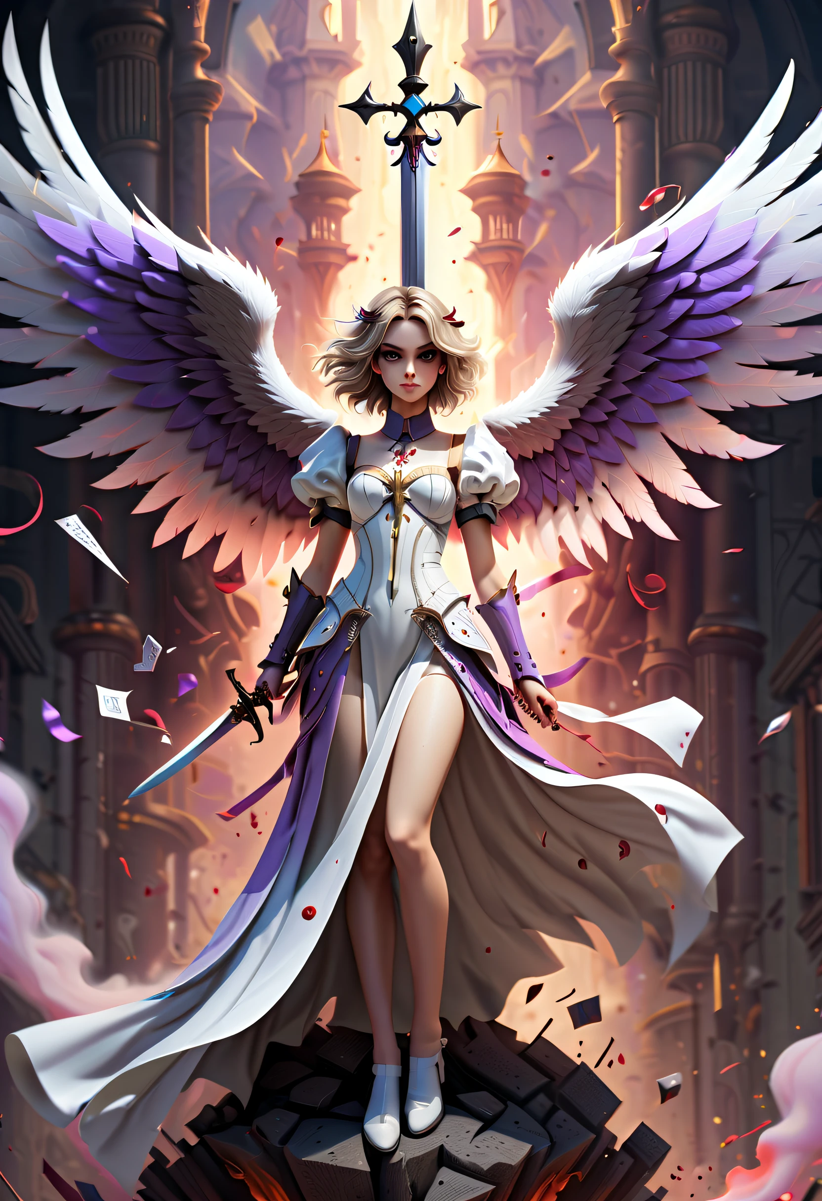 portrait of a female, busty, aasimar, spread white angelic wings, flying (dnd art, fantasy art, masterpiesce best quality), cleric, (dnd art, fantasy art, masterpiesce best quality), with a long braided red (dnd art, fantasy art, Masterpiece, best quality) , heavy white plait mail arrmor , (dnd art, fantasy art, masterpiesce best quality) armed in the right hand with a long sword with runes (Masterpiece, best quality) casting a spell (dnd art, Masterpiece, best quality), wearing cloak (purple, flowing) , in a fantasy castle background , (dnd art, fantasy art, Masterpiece, best quality)